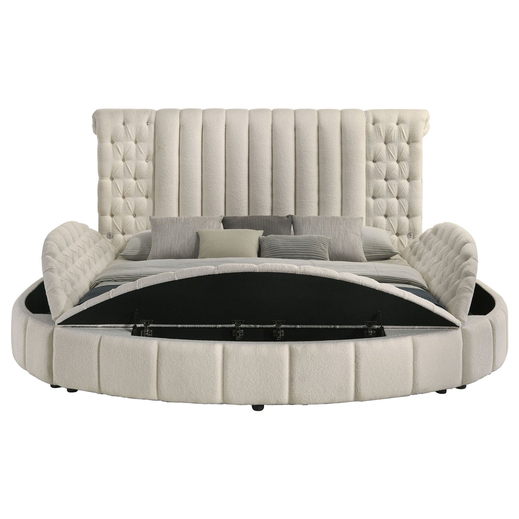 Sonya Upholstered Eastern King Round Storage Bed Ivory - Tampa Furniture Outlet