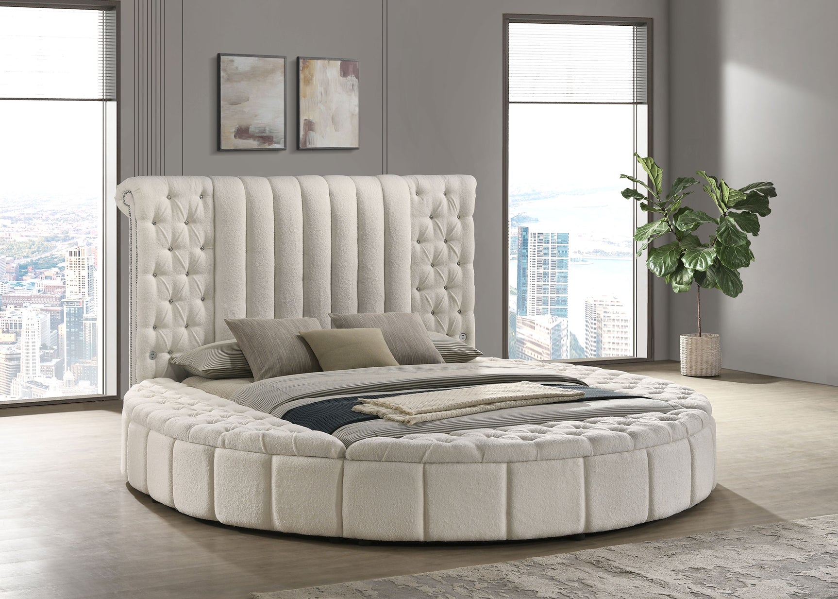 Sonya Upholstered Queen Round Storage Bed Ivory - Tampa Furniture Outlet