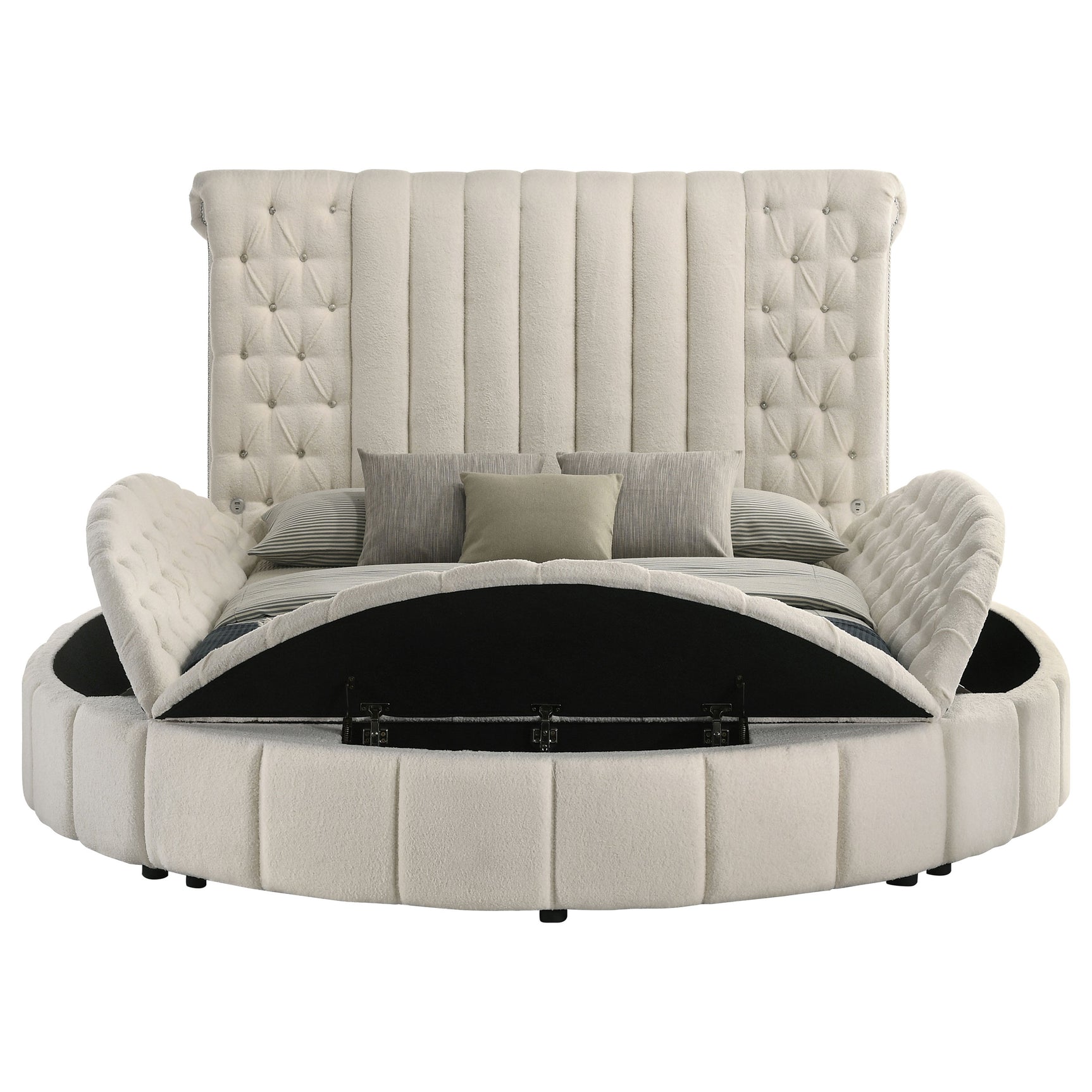 Sonya Upholstered Queen Round Storage Bed Ivory - Tampa Furniture Outlet