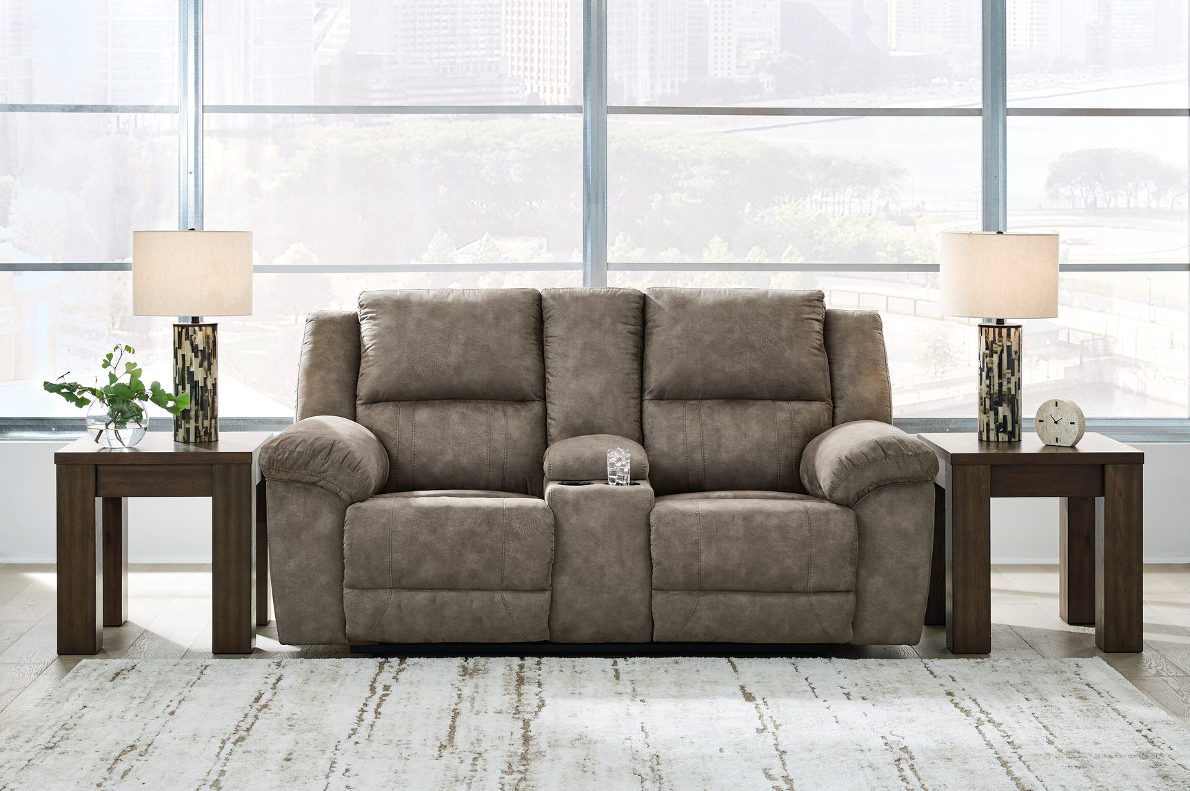 Tampa Furniture Outlet - Ashley Furniture - Laresview Living Room - DBL Rec Loveseat w/Console / Fossil - 3720394