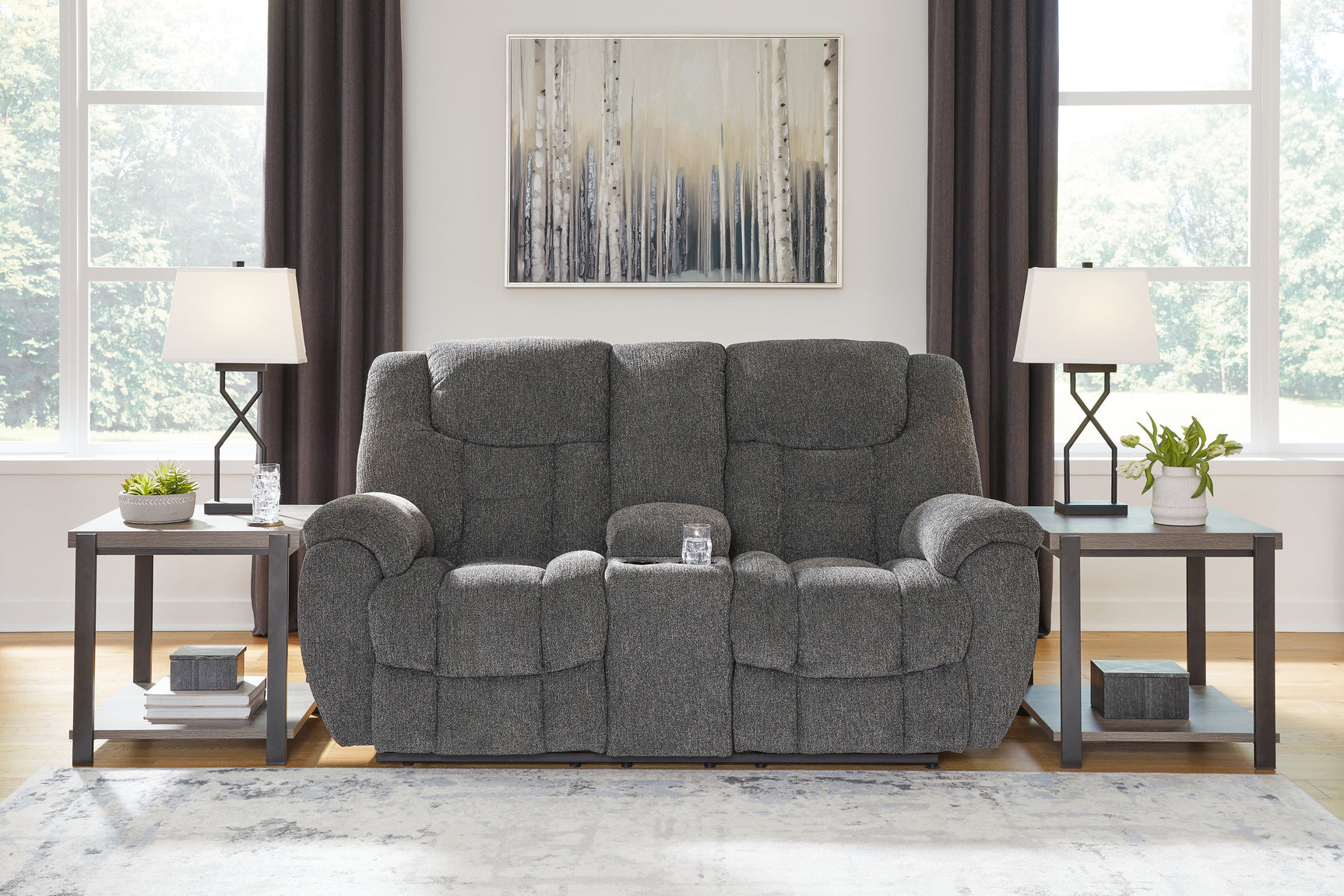 Tampa Furniture Outlet - Ashley Furniture - Foreside Living Room - DBL Rec Loveseat w/Console / Charcoal - 3810494