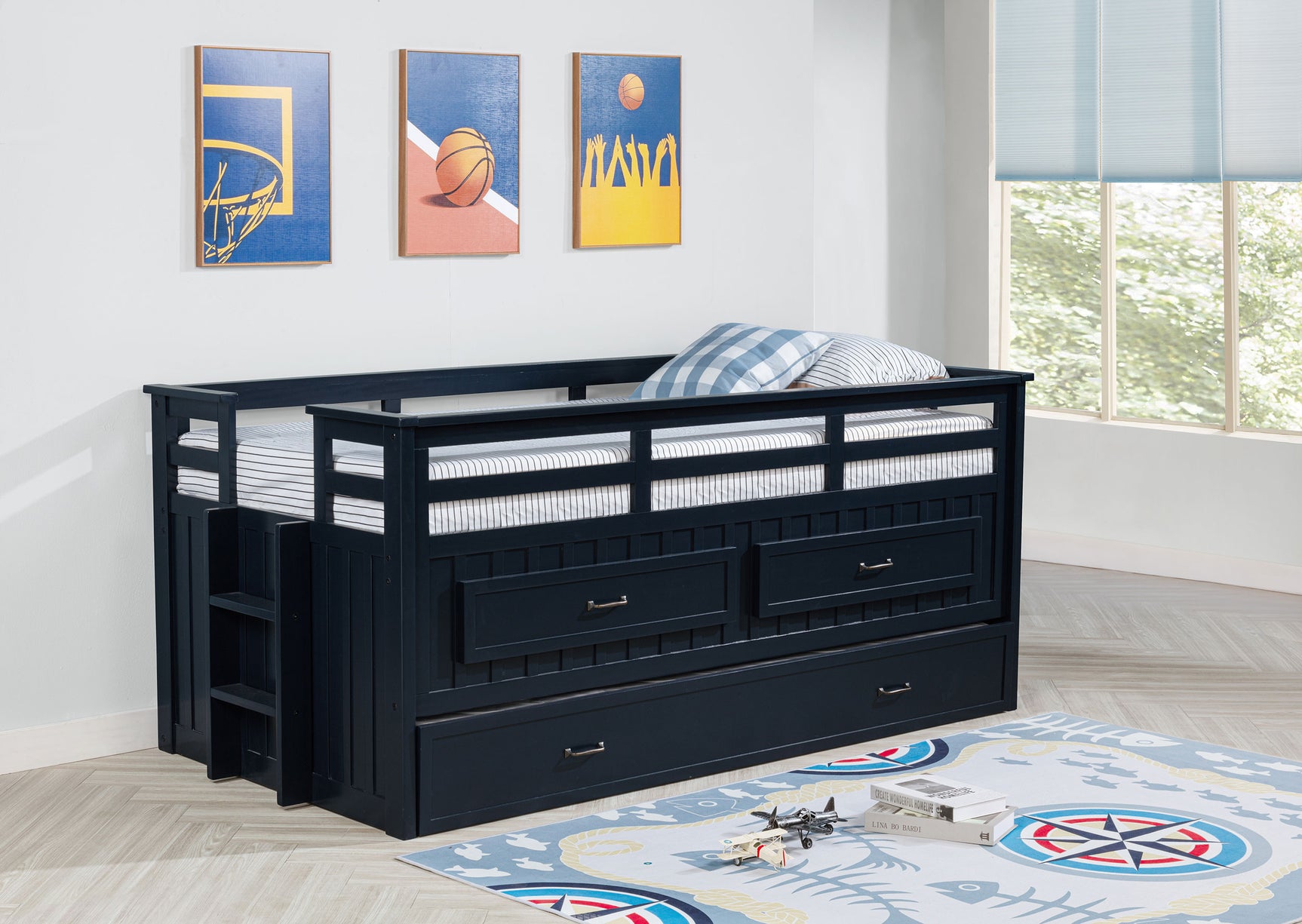 Carlsbad Wood Twin Captains Bed With Trundle Navy Blue - Tampa Furniture Outlet
