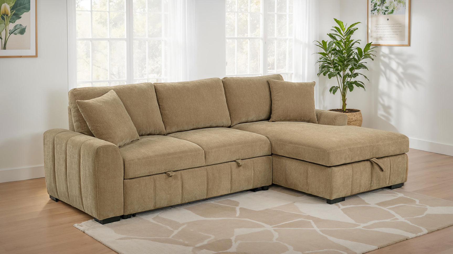 Tampa Furniture Outlet - Coaster - Pastrana Upholstered Sleeper Sectional Sofa RAF Chaise Camel - 500348