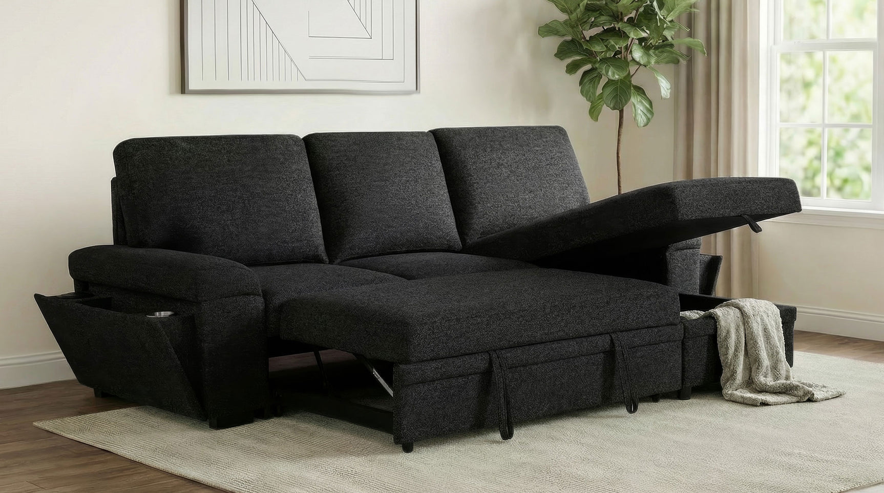 Demko Sleeper Sectional Sofa with Speaker and Storage Chaise Black