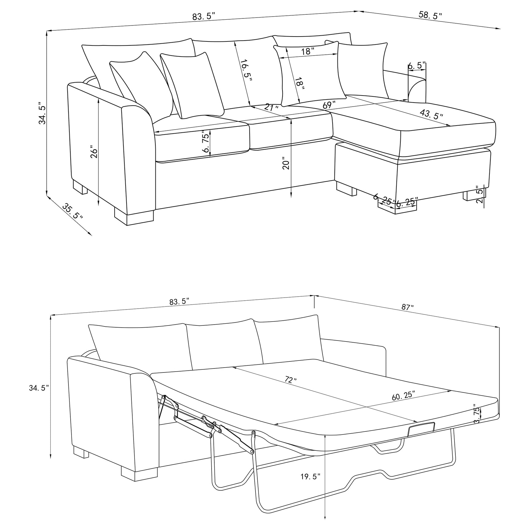 Storey Upholstered Sleeper Sectional Chaise Sofa Grey - Tampa Furniture Outlet