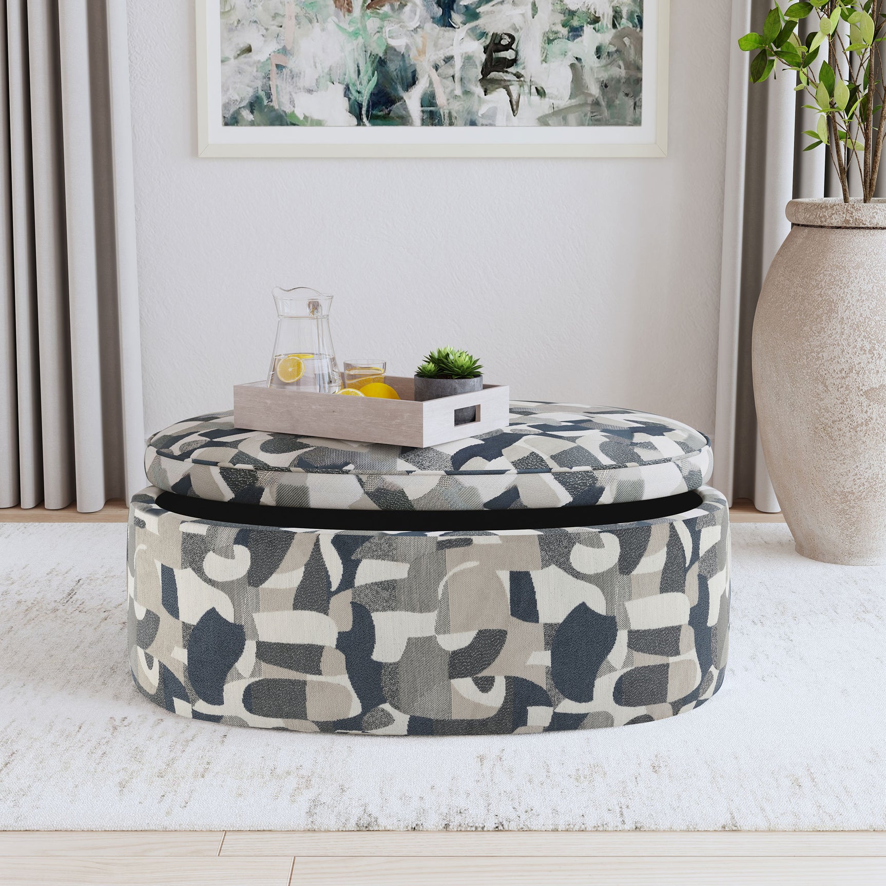 Tomkins Oval Upholstered Storage Ottoman Indigo Blue - Tampa Furniture Outlet