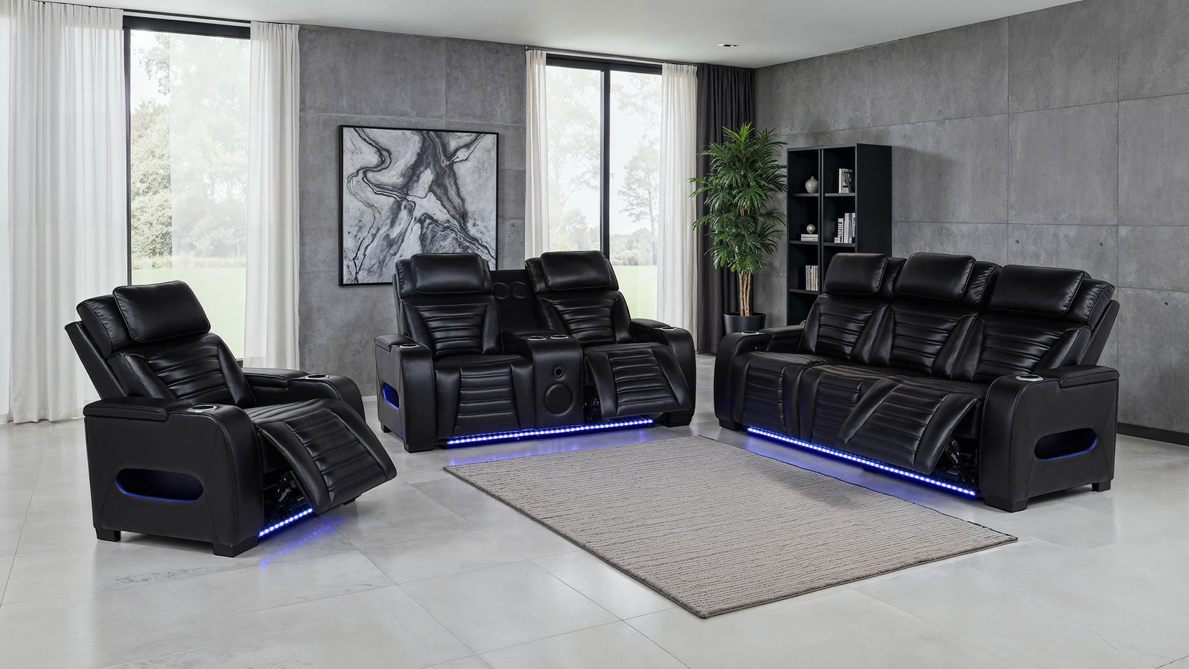 Zuma Faux Leather Dual Power Reclining LED Sofa Black