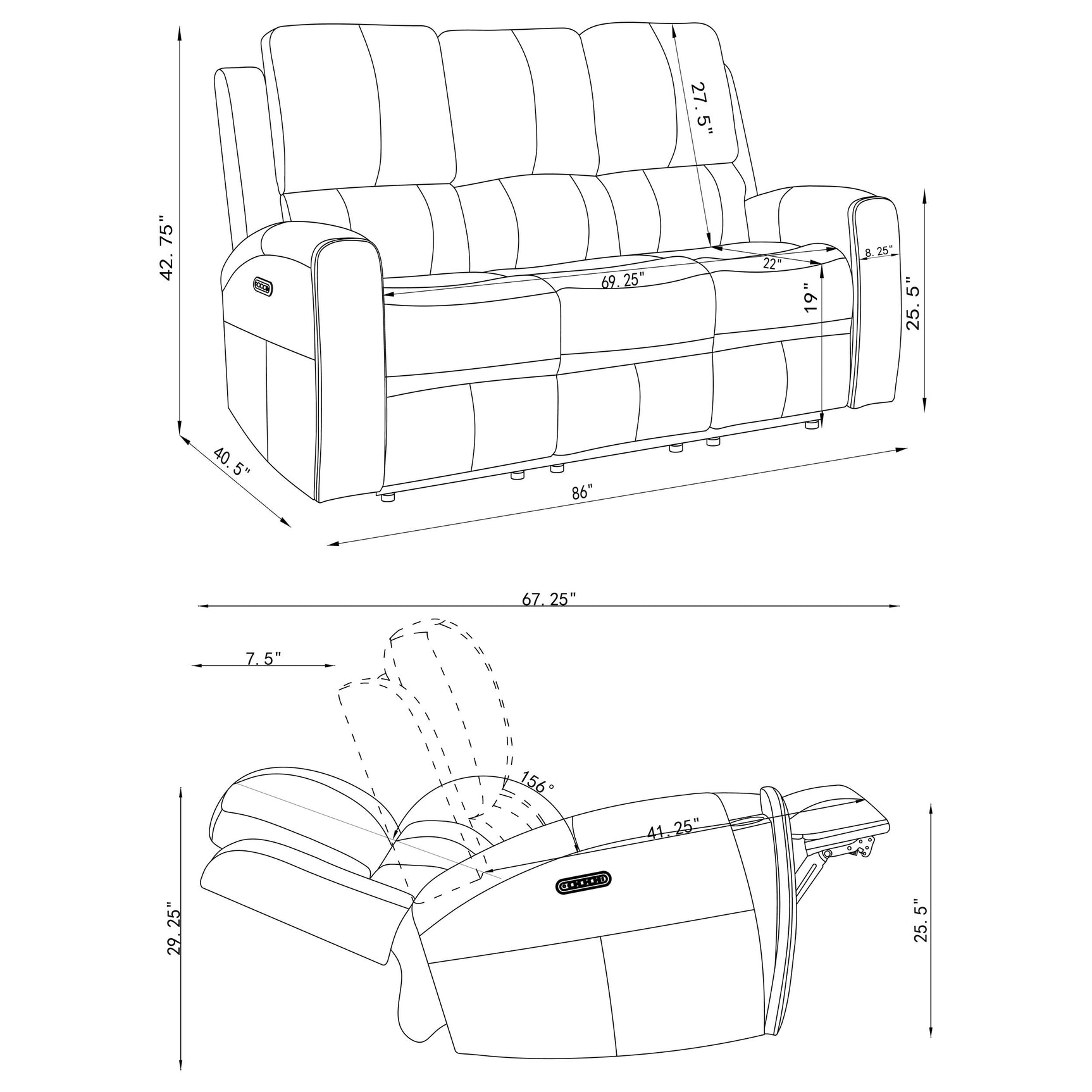 Brickston Triple Power Reclining Sofa Charcoal