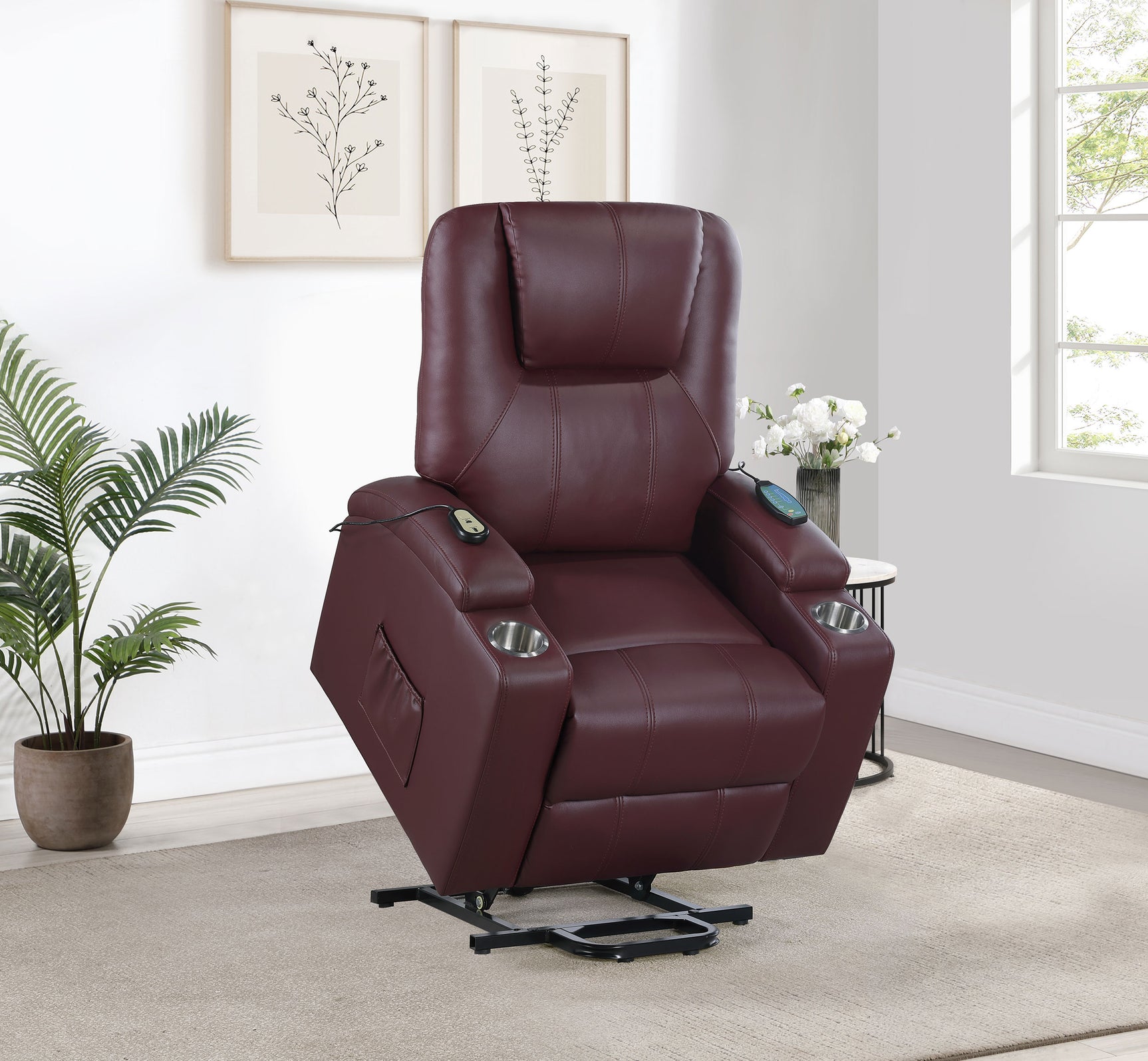 Armstrong Upholstered Power Lift Massage Recliner Wine - Tampa Furniture Outlet