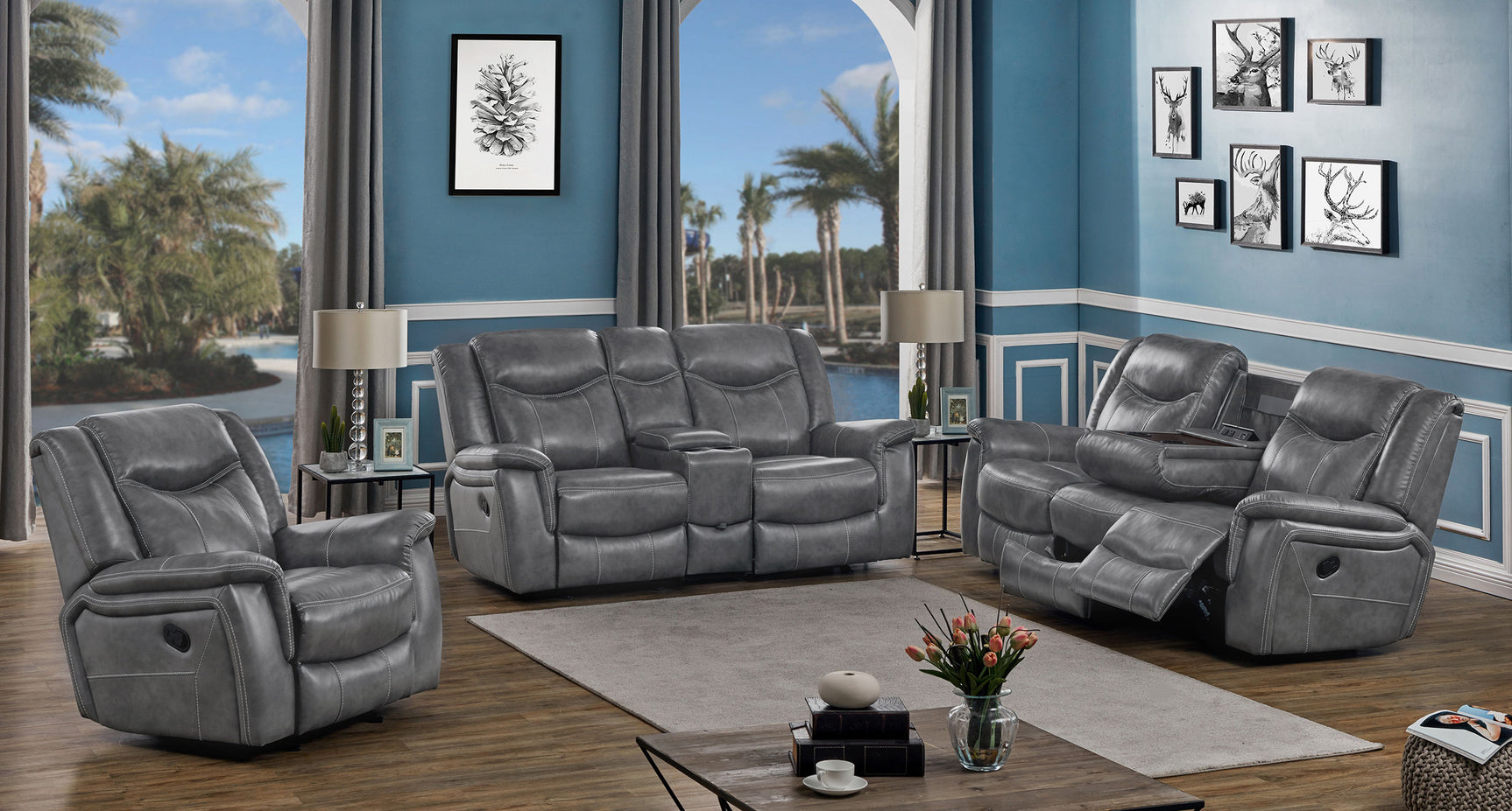 Tampa Furniture Outlet - Coaster - Conrad 3-piece Upholstered Padded Arm Motion Sofa Set Grey - 650354-S3