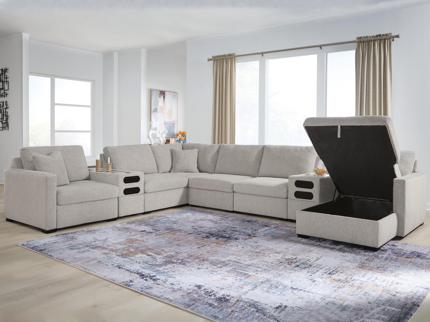 Tampa Furniture Outlet - Ashley Furniture - ModMax Luxe Sectional - RAF 8-Piece Sectional with Storage Chaise and Audio Consoles / Flint - 68605S80