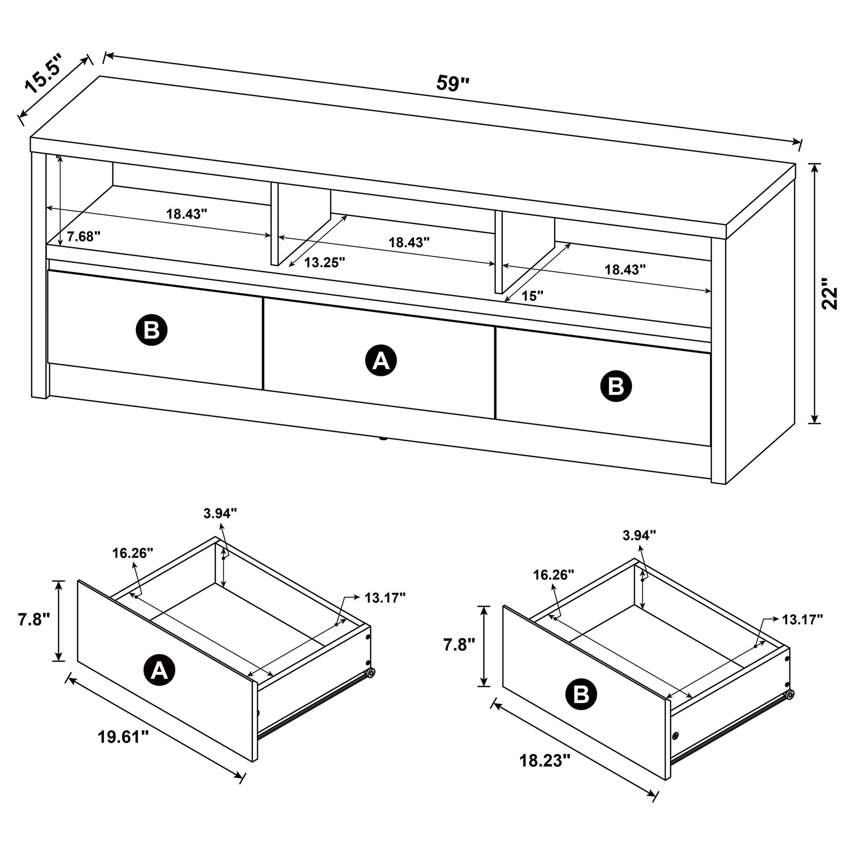 Rutland 59-inch 3-drawer TV Stand Media Console Black - Tampa Furniture Outlet