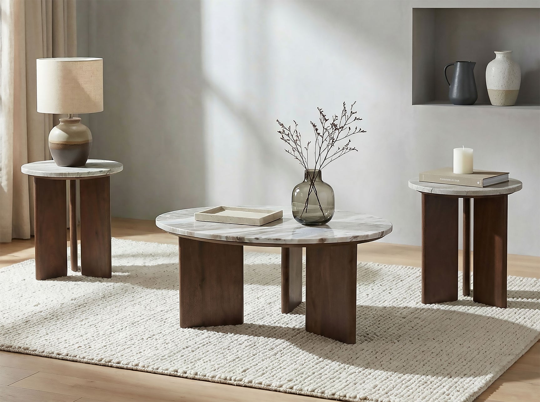 Tampa Furniture Outlet - Coaster - Jenna 3-piece Round Marble Top Coffee Table Set Brown - 706168-S3
