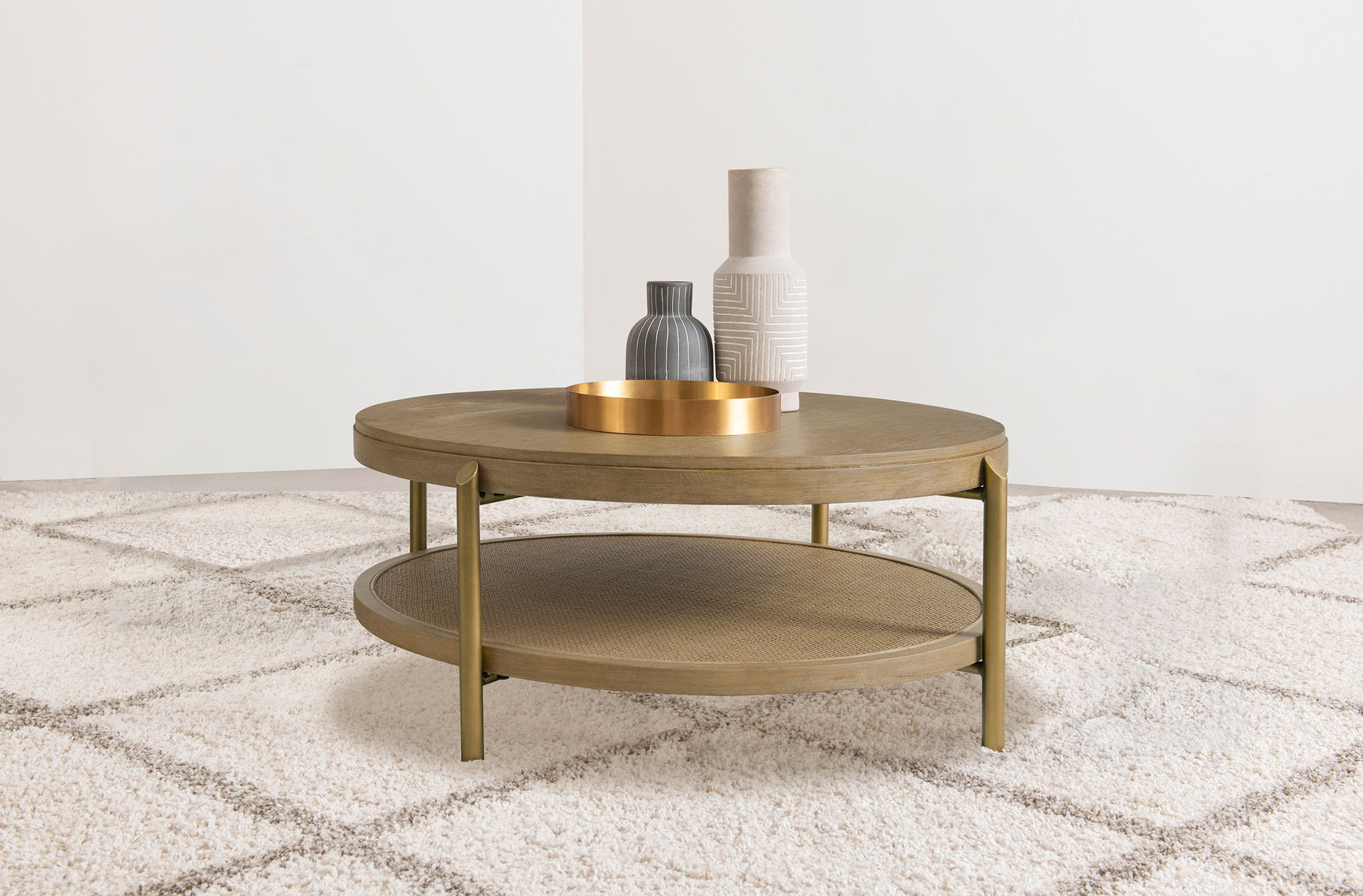Arini Round Coffee Table With Storage Shelf Sand Wash - Tampa Furniture Outlet
