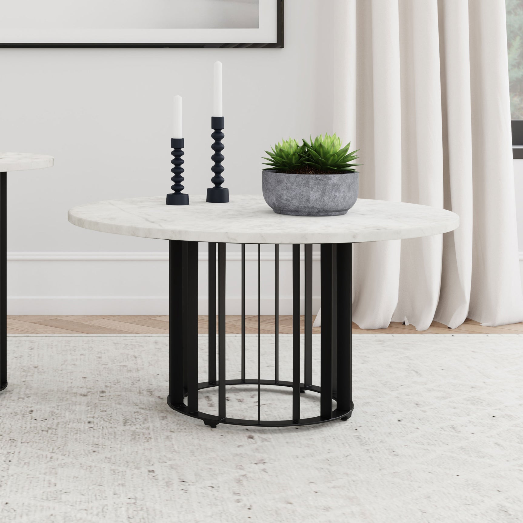 Haven Round Genuine White Marble Top Coffee Table Black - Tampa Furniture Outlet