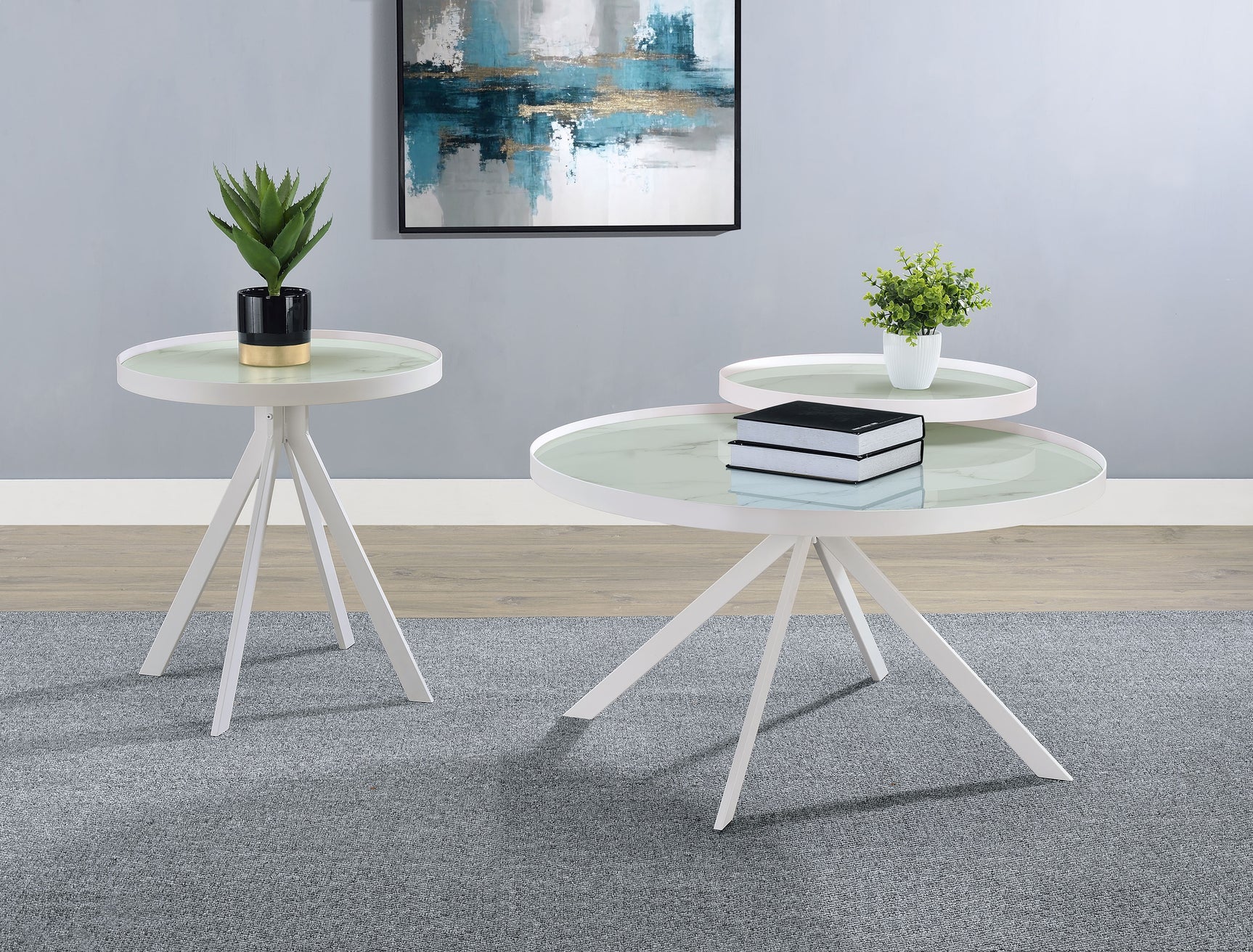 Briggs Round Marble Printed Glass Top End Side Table White - Tampa Furniture Outlet