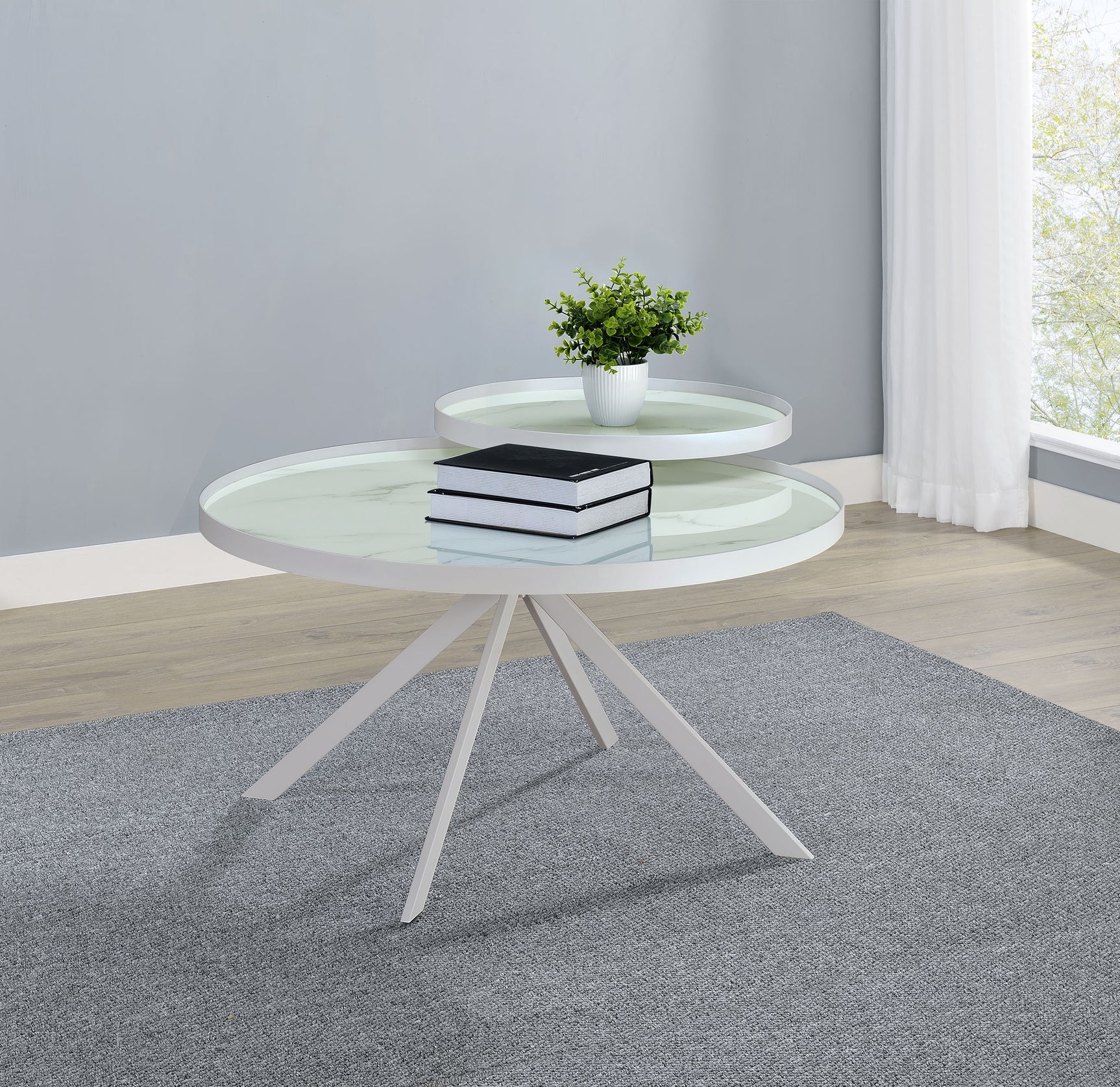 Briggs Round Marble Printed Glass Top Coffee Table White - Tampa Furniture Outlet