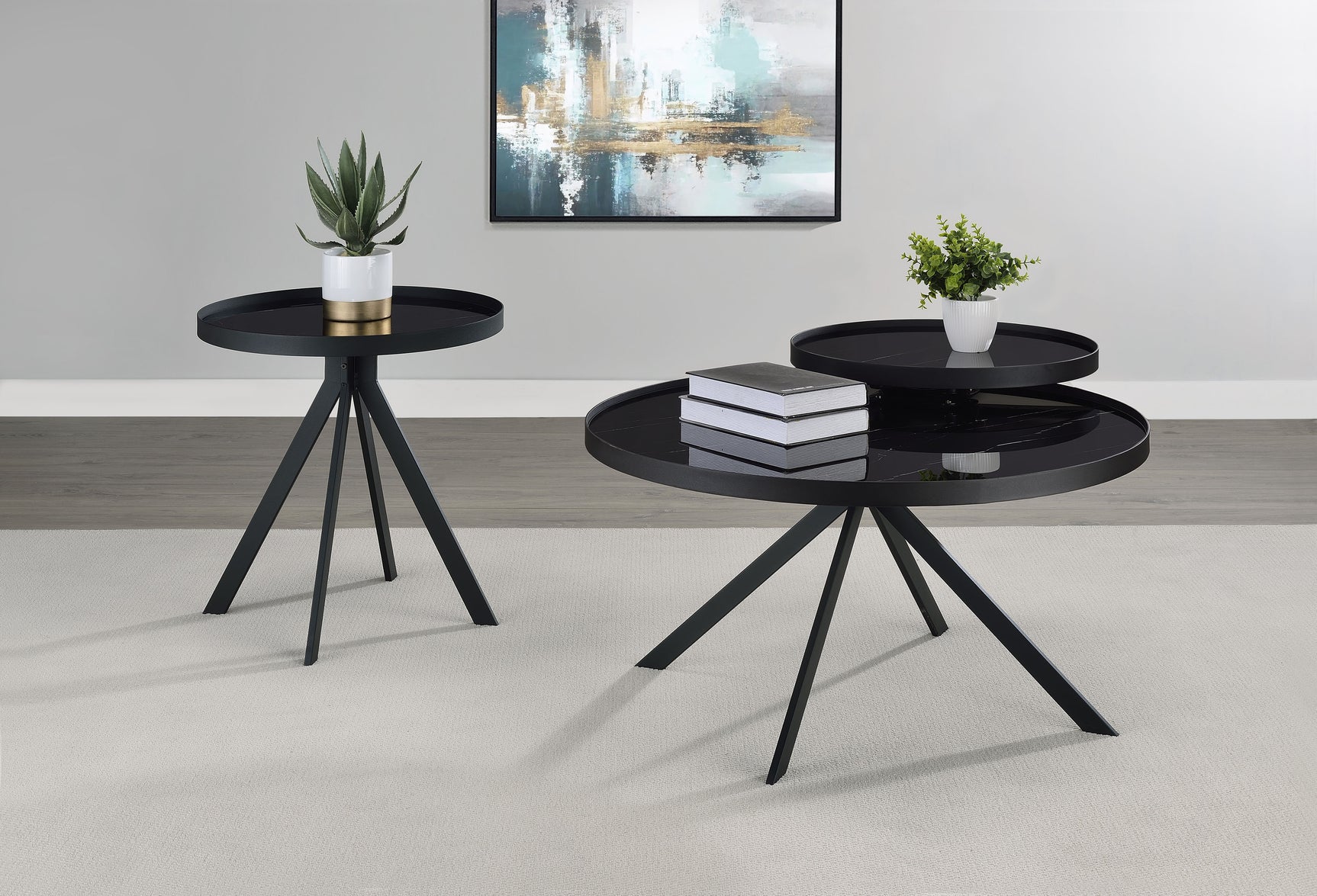 Briggs Round Marble Printed Glass Top End Table Black - Tampa Furniture Outlet