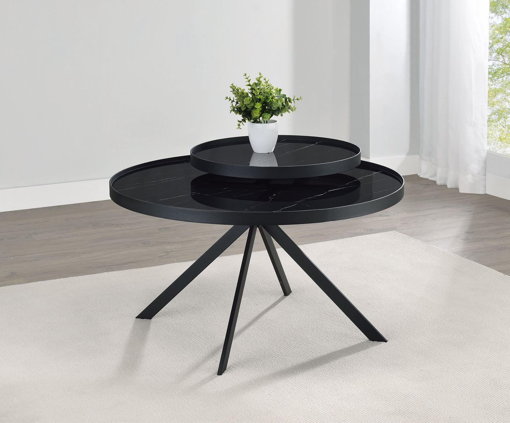 Briggs Round Marble Printed Glass Top Coffee Table Black - Tampa Furniture Outlet