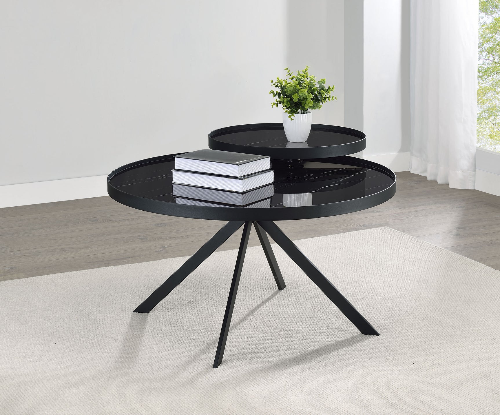 Briggs Round Marble Printed Glass Top Coffee Table Black - Tampa Furniture Outlet