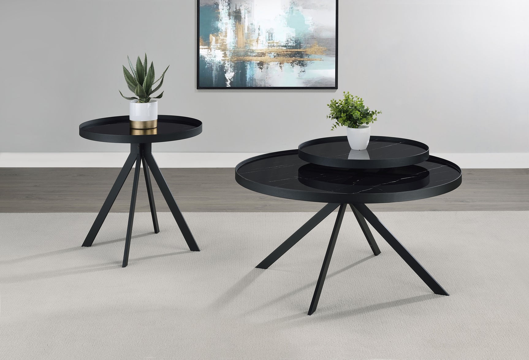 Briggs Round Marble Printed Glass Top Coffee Table Black - Tampa Furniture Outlet