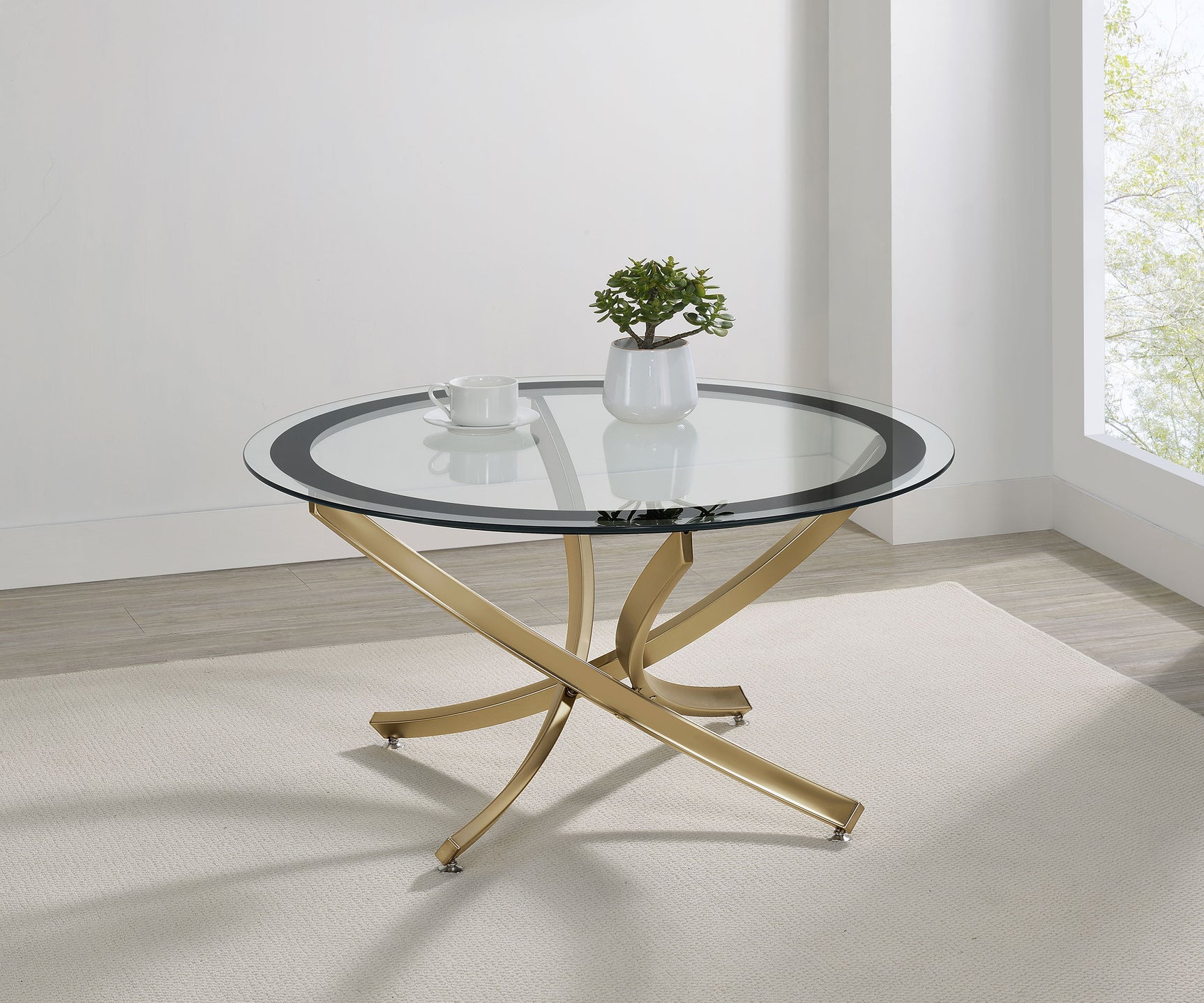 Brooke Round Glass Top Coffee Table Metal Base Brass - Tampa Furniture Outlet
