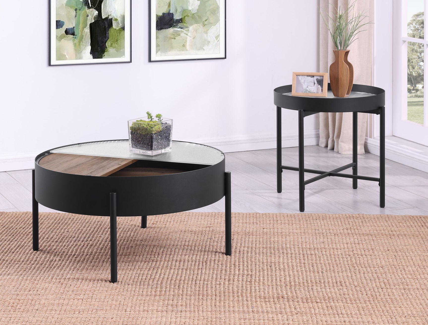 Ozella 2-piece Round Coffee and End Table Set Sandy Black - Tampa Furniture Outlet