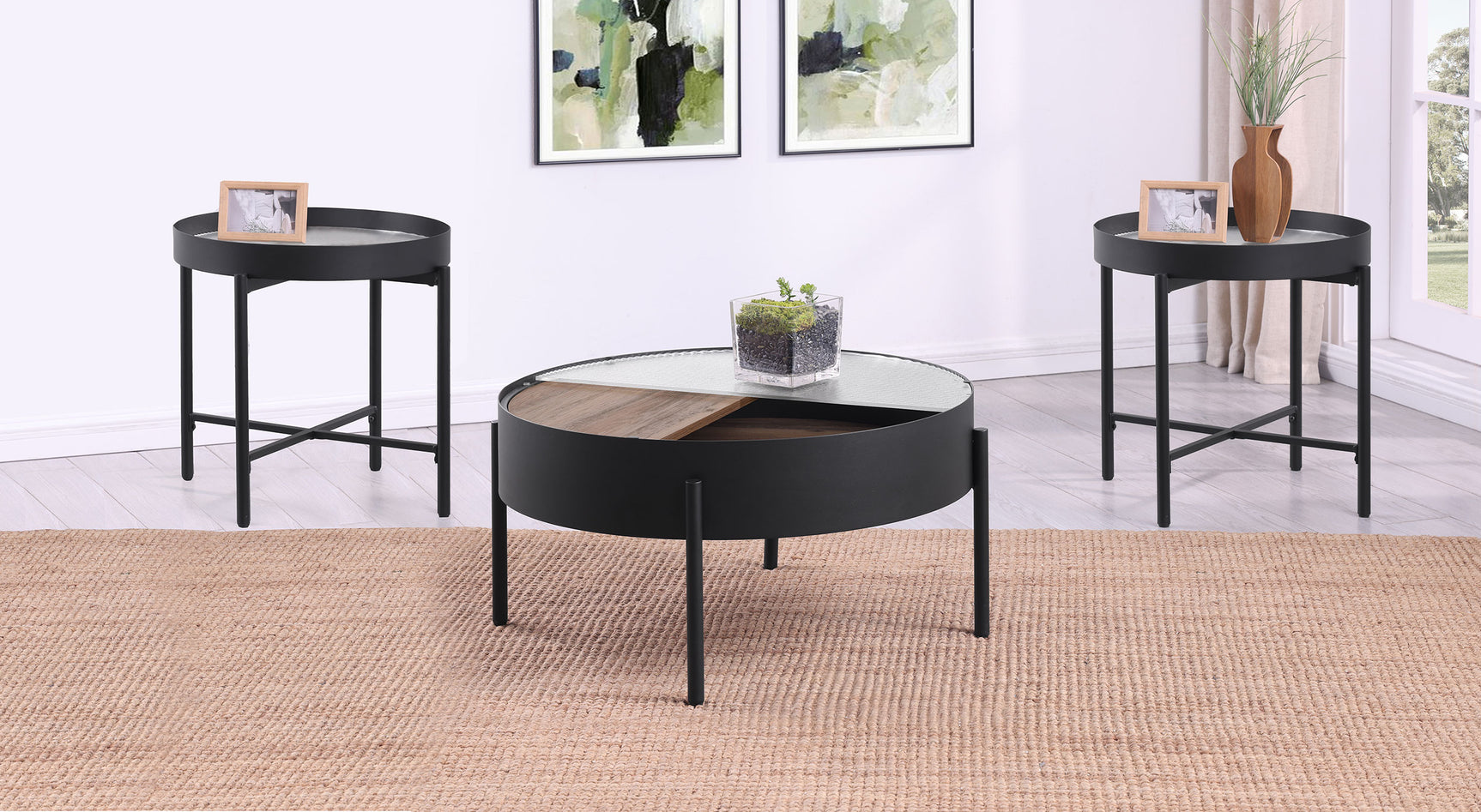 Ozella 3-piece Round Coffee and End Table Set Sandy Black - Tampa Furniture Outlet