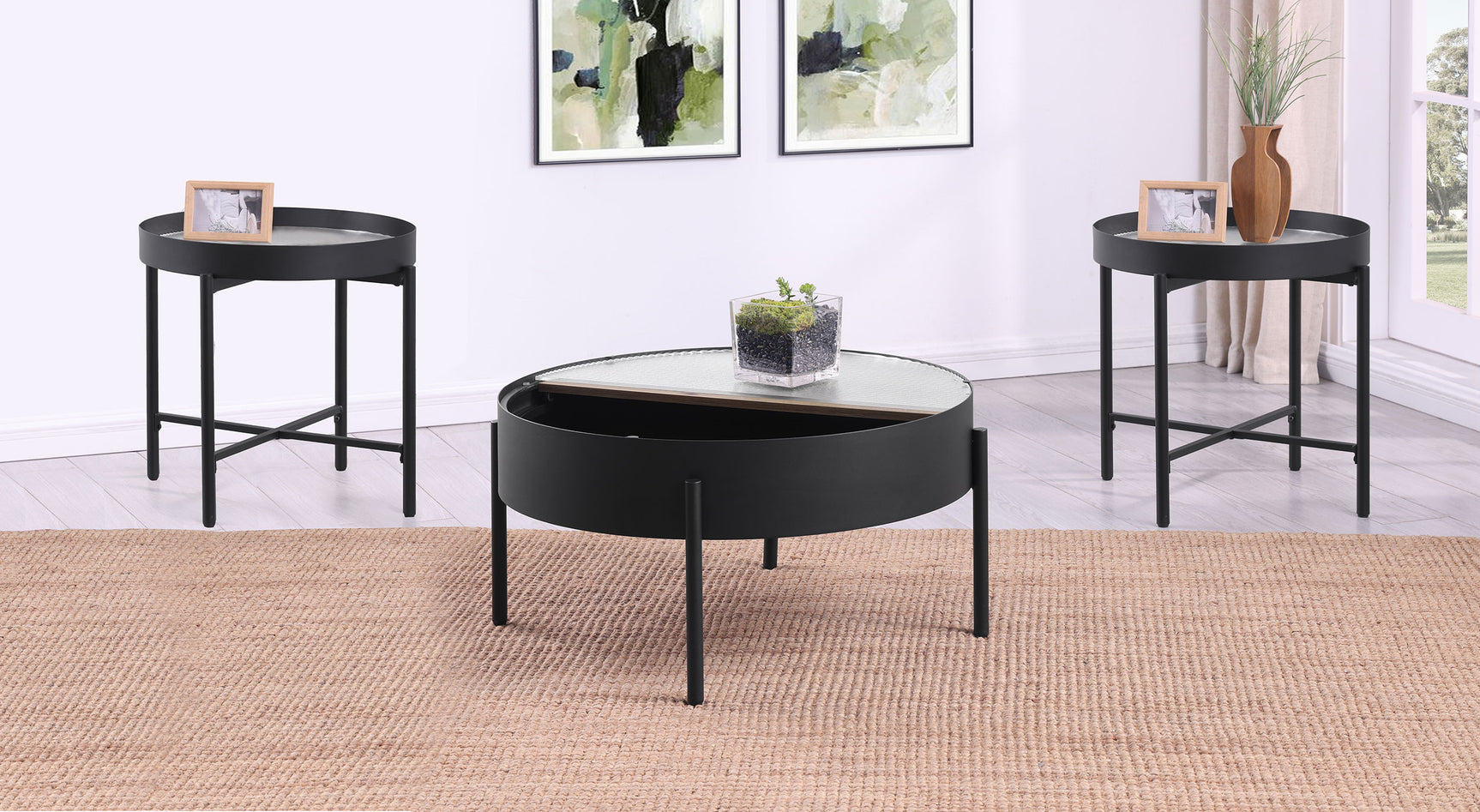 Ozella 3-piece Round Coffee and End Table Set Sandy Black - Tampa Furniture Outlet