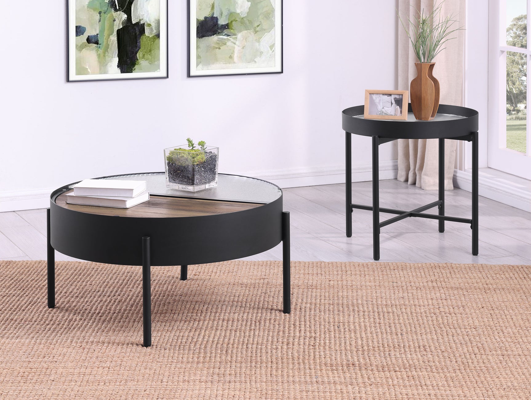Ozella Round Coffee Table with Hidden Storage Sandy Black - Tampa Furniture Outlet
