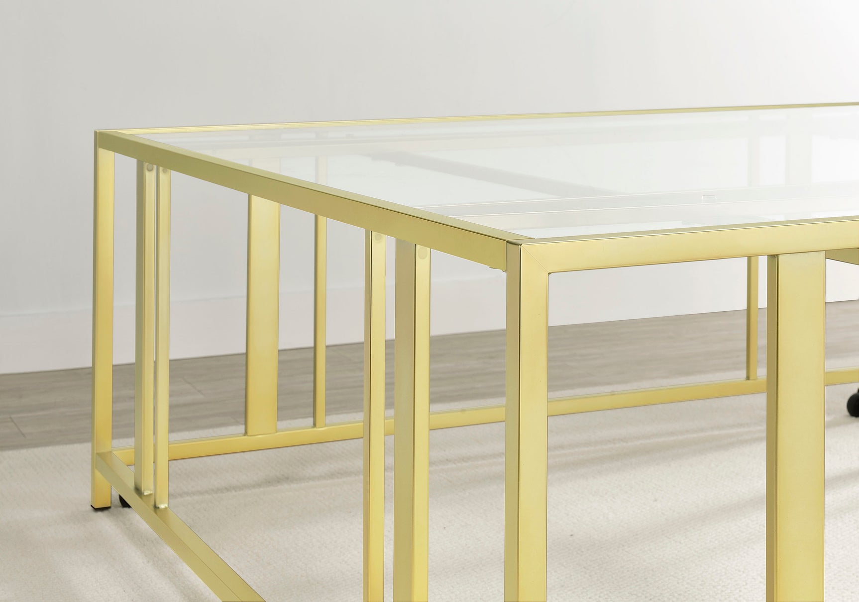 Adri Square Glass Top Coffee Table with Casters Matte Brass - Tampa Furniture Outlet