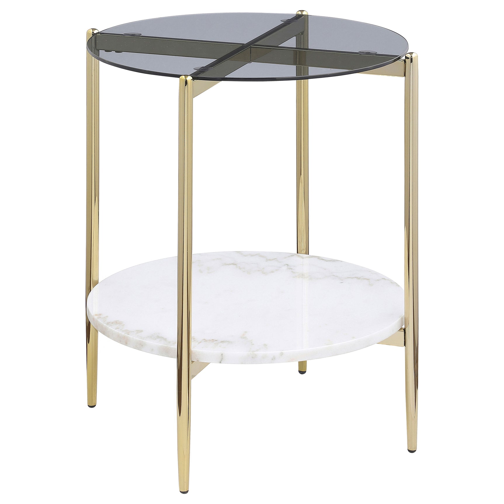 Tampa Furniture Outlet - Coaster - Jonelle Round Glass Top End Table White Marble Shelf Gold - 710337