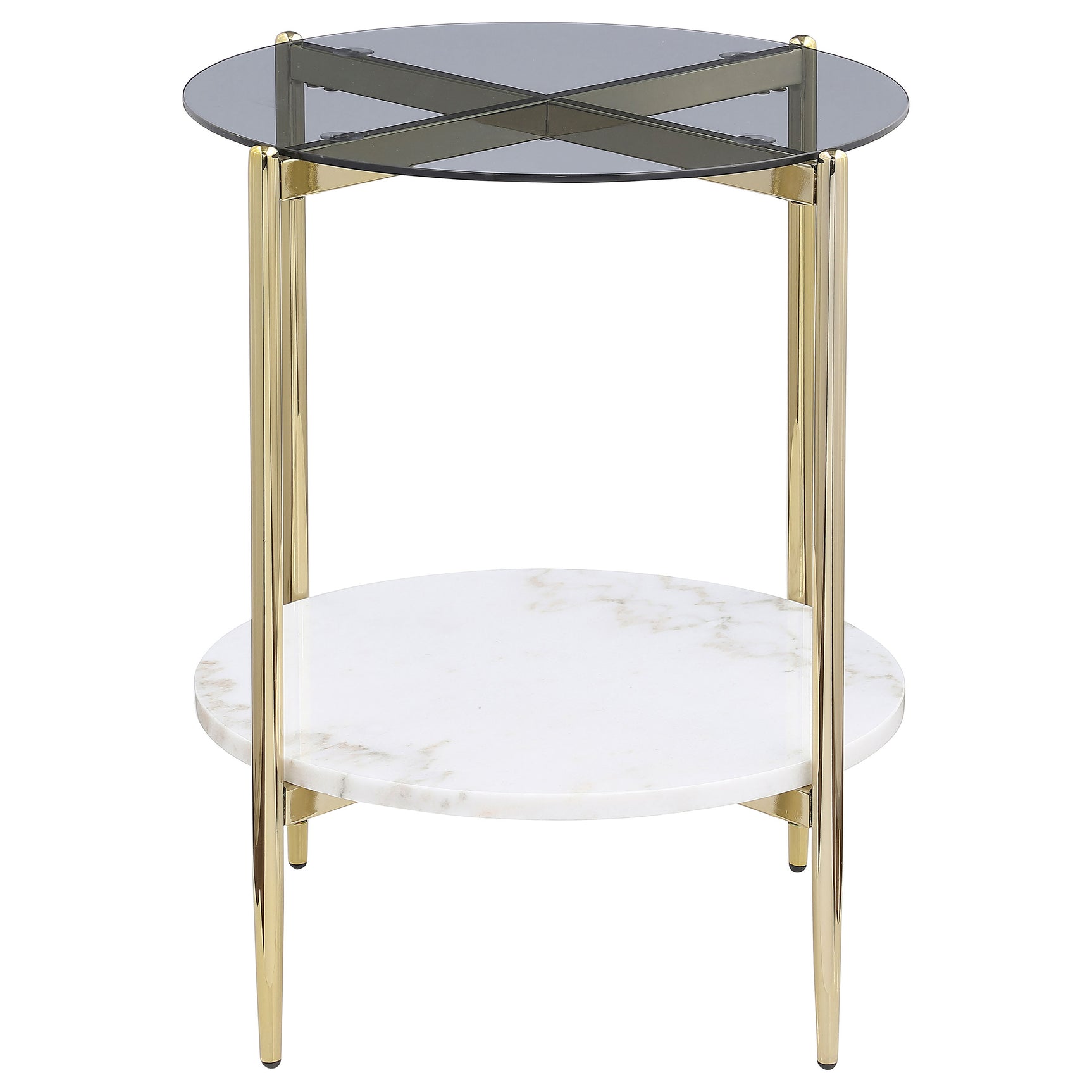 Jonelle Round Glass Top End Table White Marble Shelf Gold - Tampa Furniture Outlet