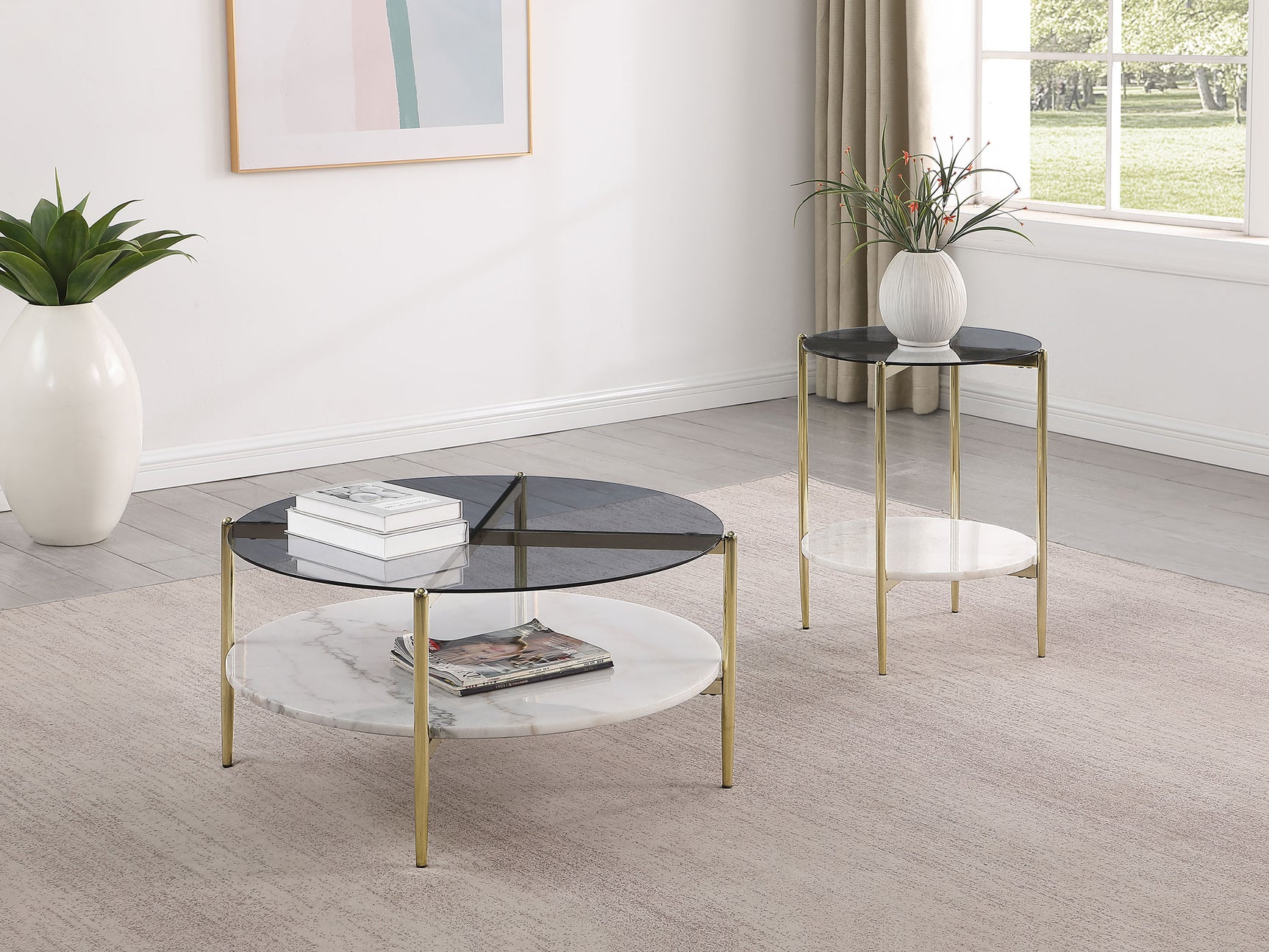 Jonelle Round Glass Top End Table White Marble Shelf Gold - Tampa Furniture Outlet