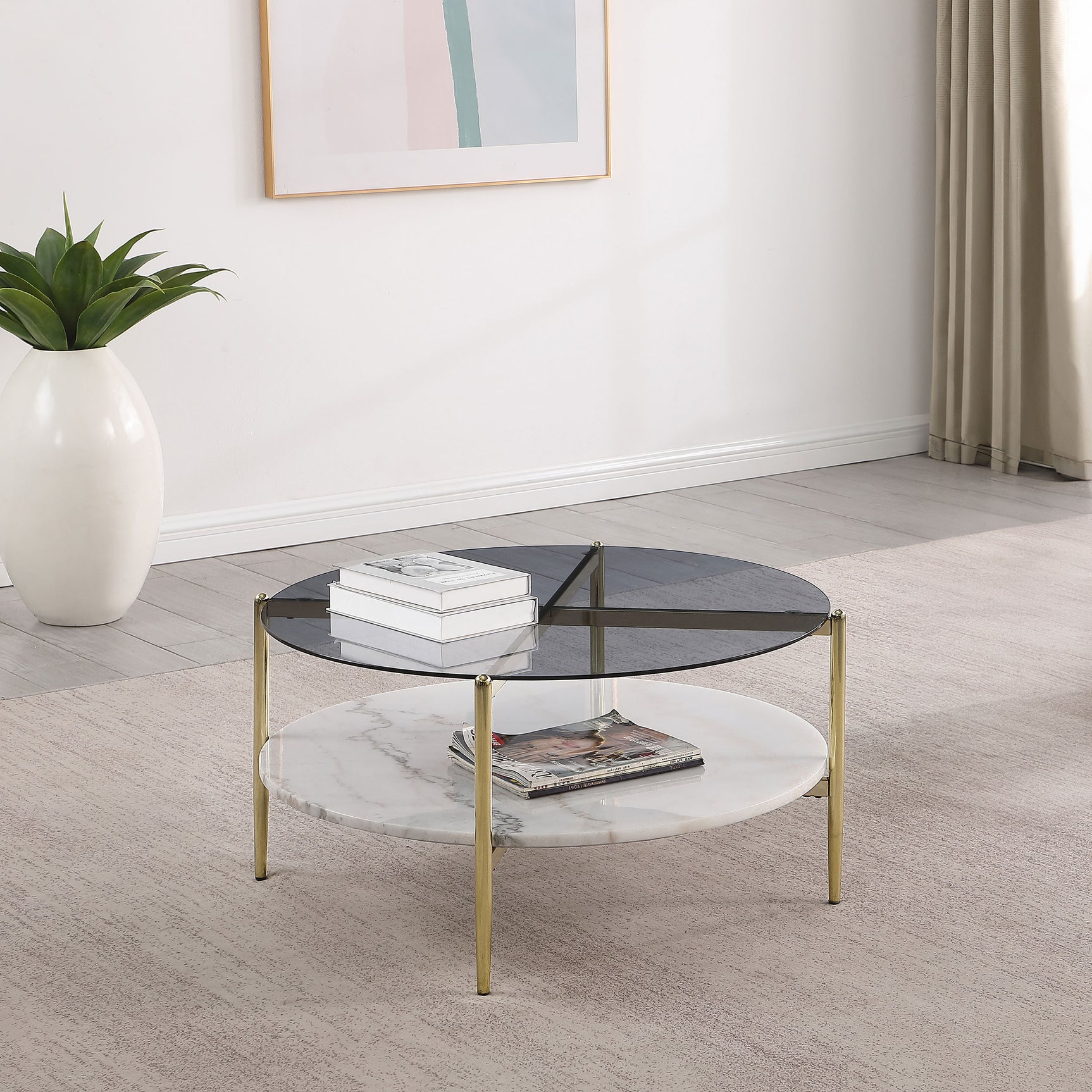 Jonelle Round Glass Top Coffee Table White Marble Shelf Gold - Tampa Furniture Outlet