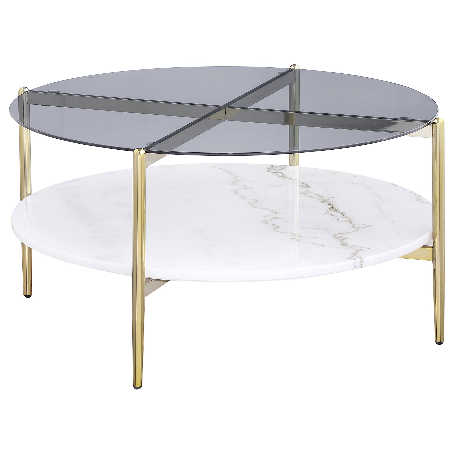Tampa Furniture Outlet - Coaster - Jonelle Round Glass Top Coffee Table White Marble Shelf Gold - 710338