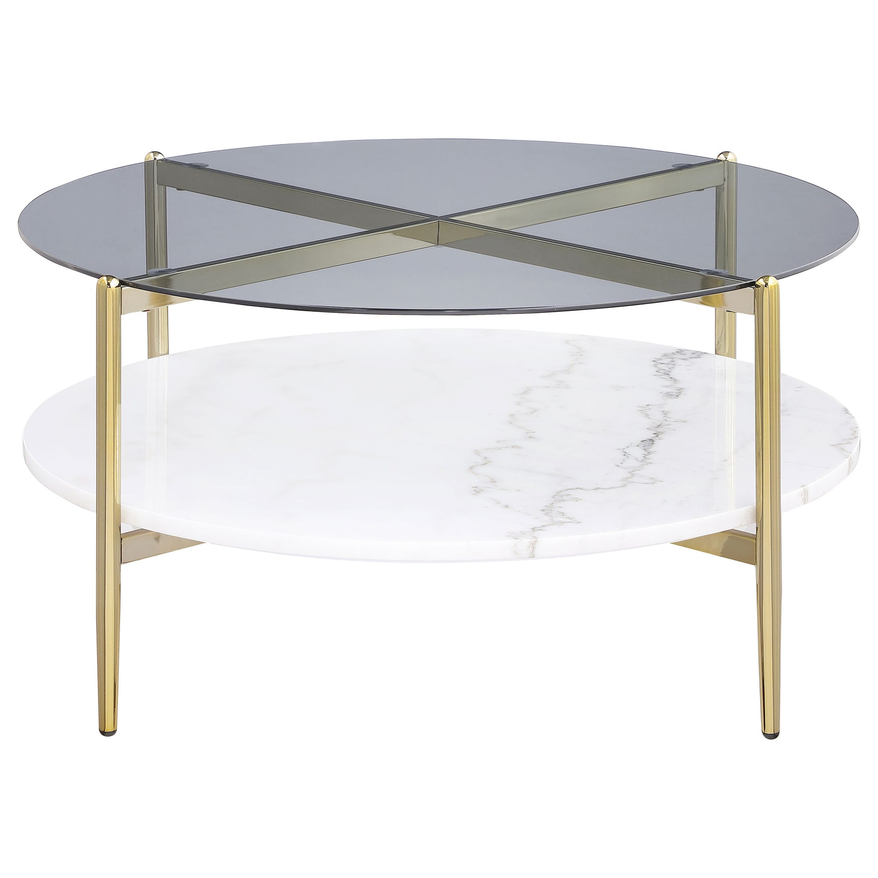 Jonelle Round Glass Top Coffee Table White Marble Shelf Gold - Tampa Furniture Outlet
