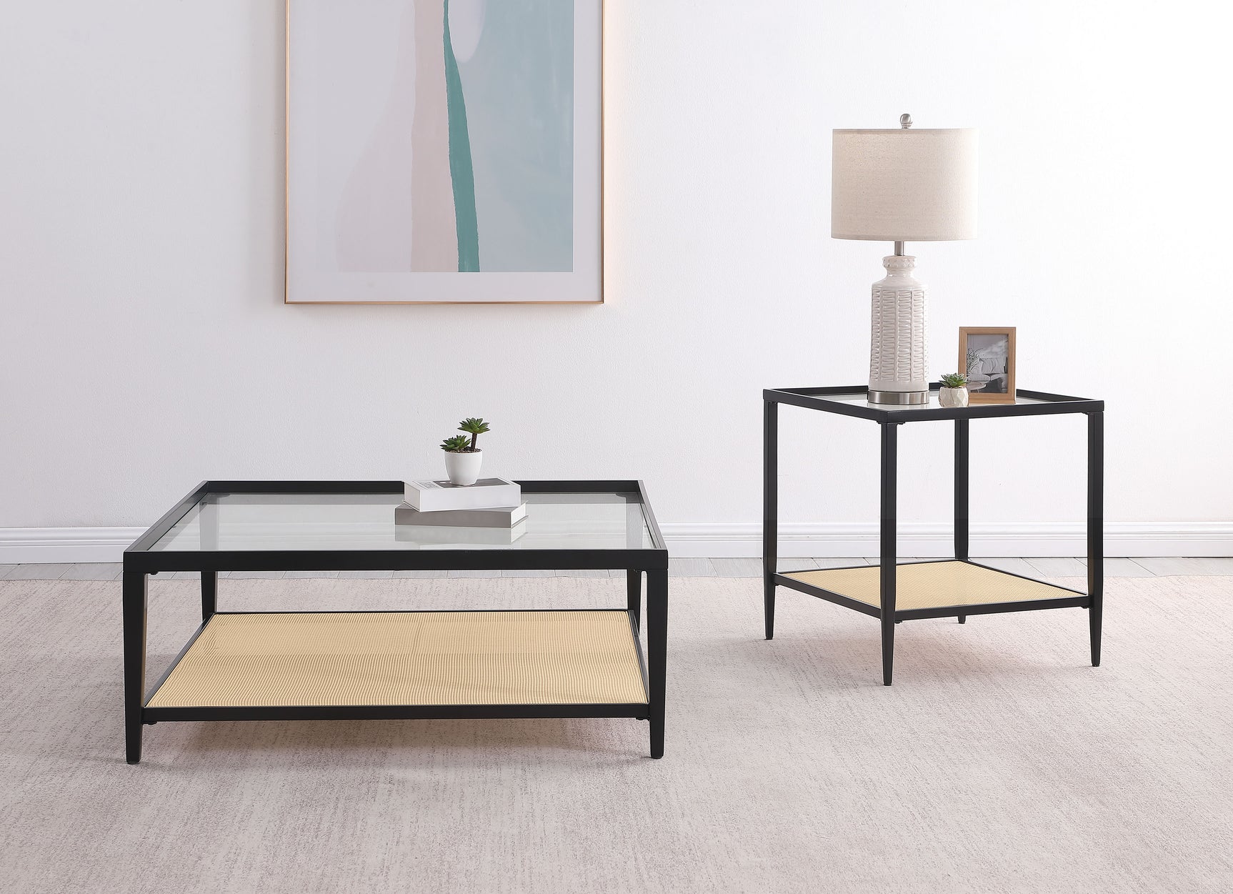 Amherst Glass Top Metal with Cane Shelf Coffee Table Black - Tampa Furniture Outlet