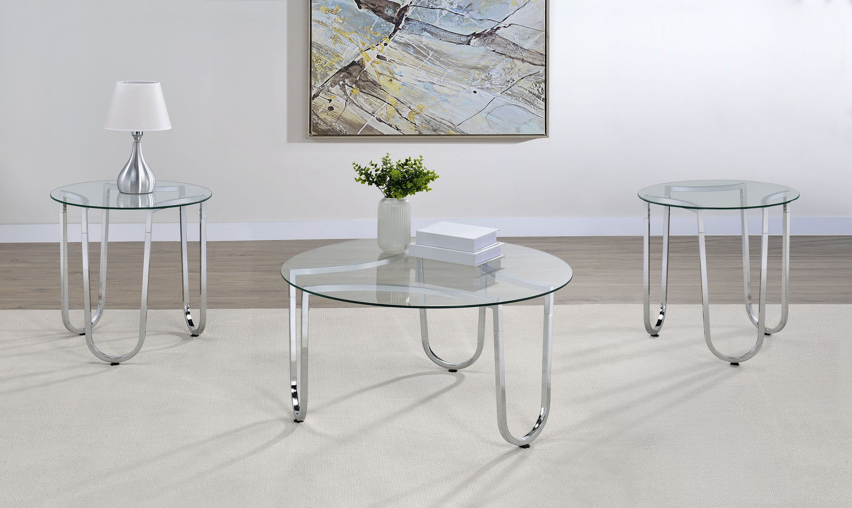 Tampa Furniture Outlet - Coaster - Beller 3-piece Round Tempered Glass Top Coffee Table Set Chrome - 710908-S3