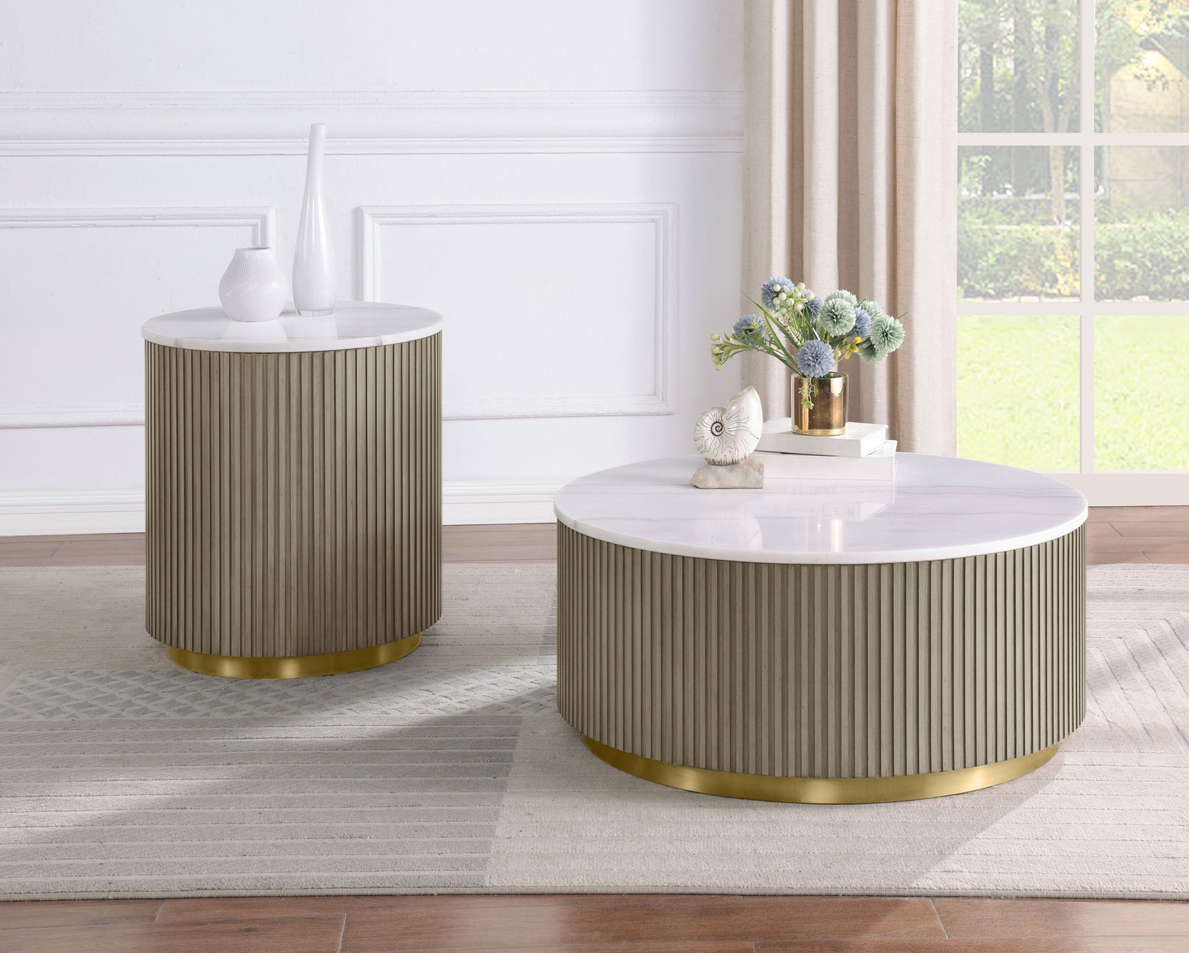Tampa Furniture Outlet - Coaster - Jason 2-piece Round White Marble Coffee Table Set Greige - 711418-S2