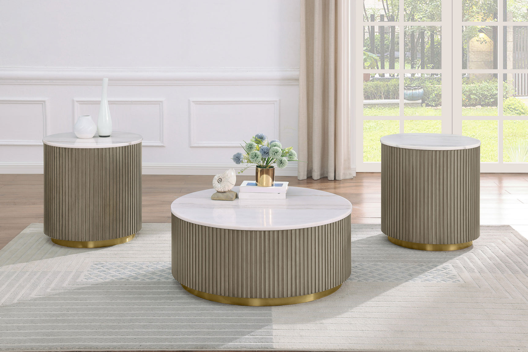 Tampa Furniture Outlet - Coaster - Jason 3-piece Round White Marble Coffee Table Set Greige - 711418-S3