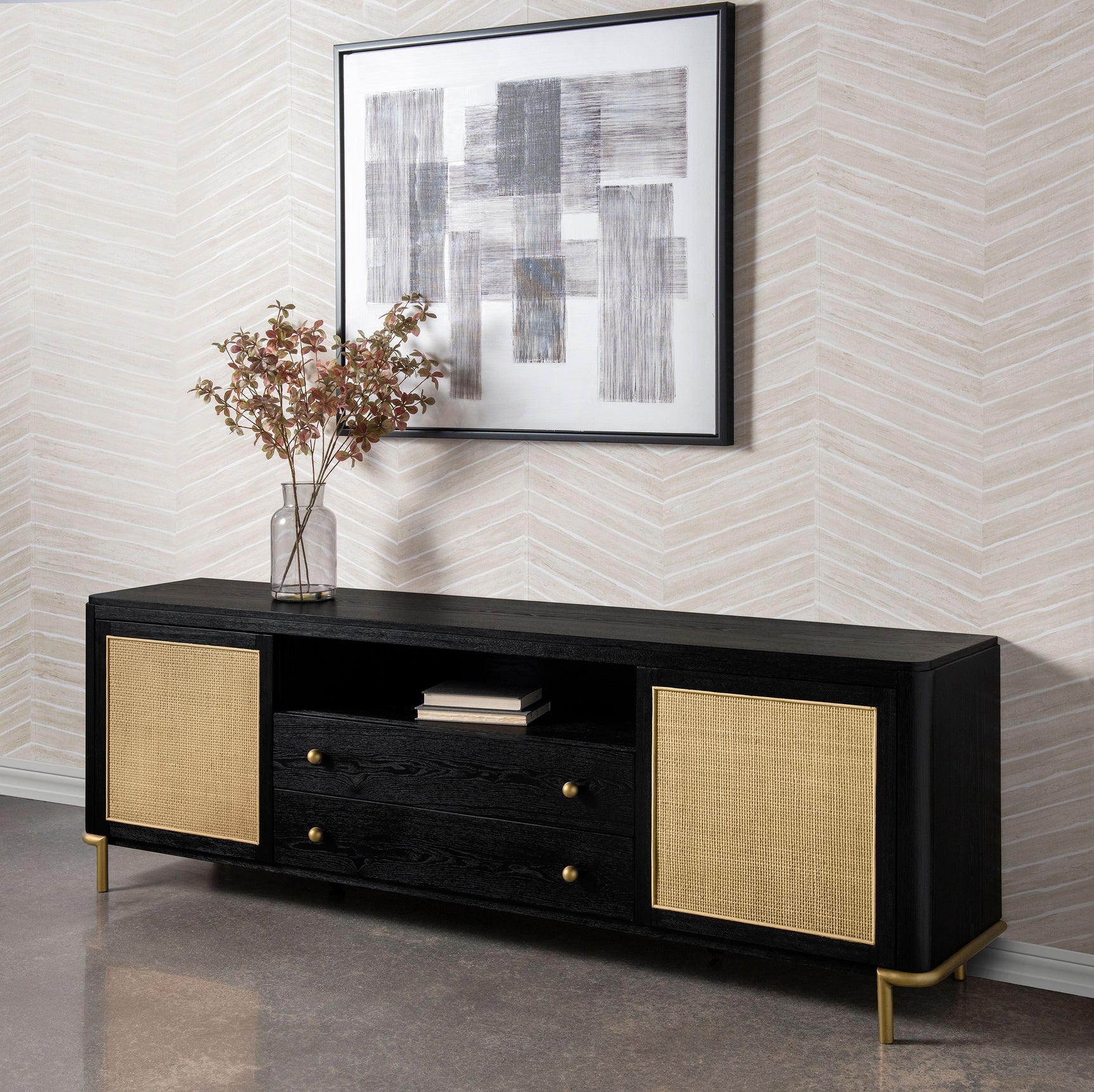 Arini Rattan Cane 2-door TV Stand Media Console Black - Tampa Furniture Outlet