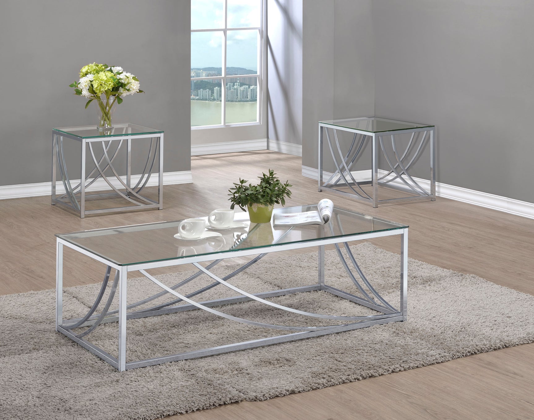 Tampa Furniture Outlet - Coaster - Lille 3-piece Glass Top Coffee And End Table Set Chrome - 720498-S3