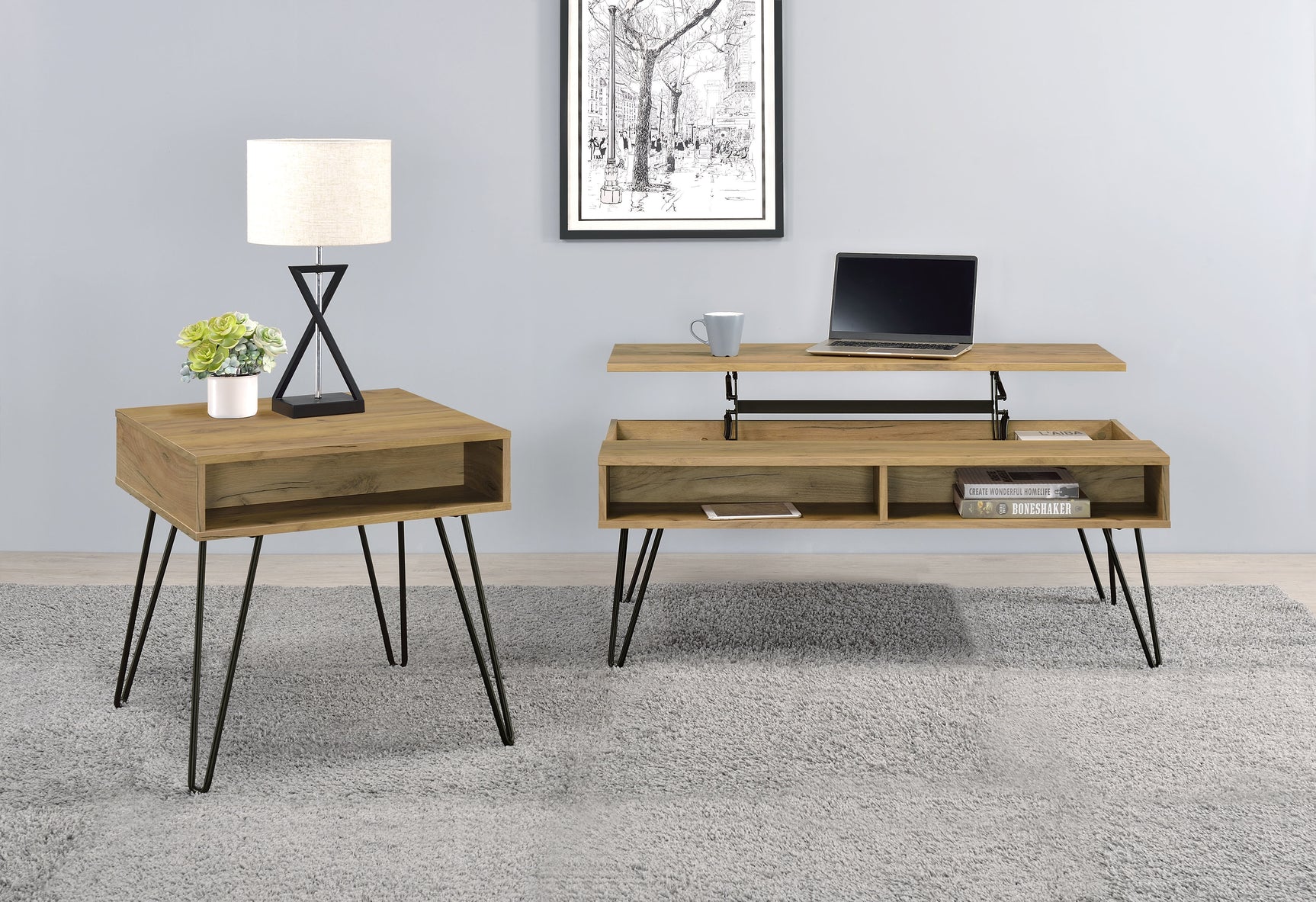 Tampa Furniture Outlet - Coaster - Fanning 2-piece Lift Top Coffee and End Table Set Golden Oak - 723368-S2