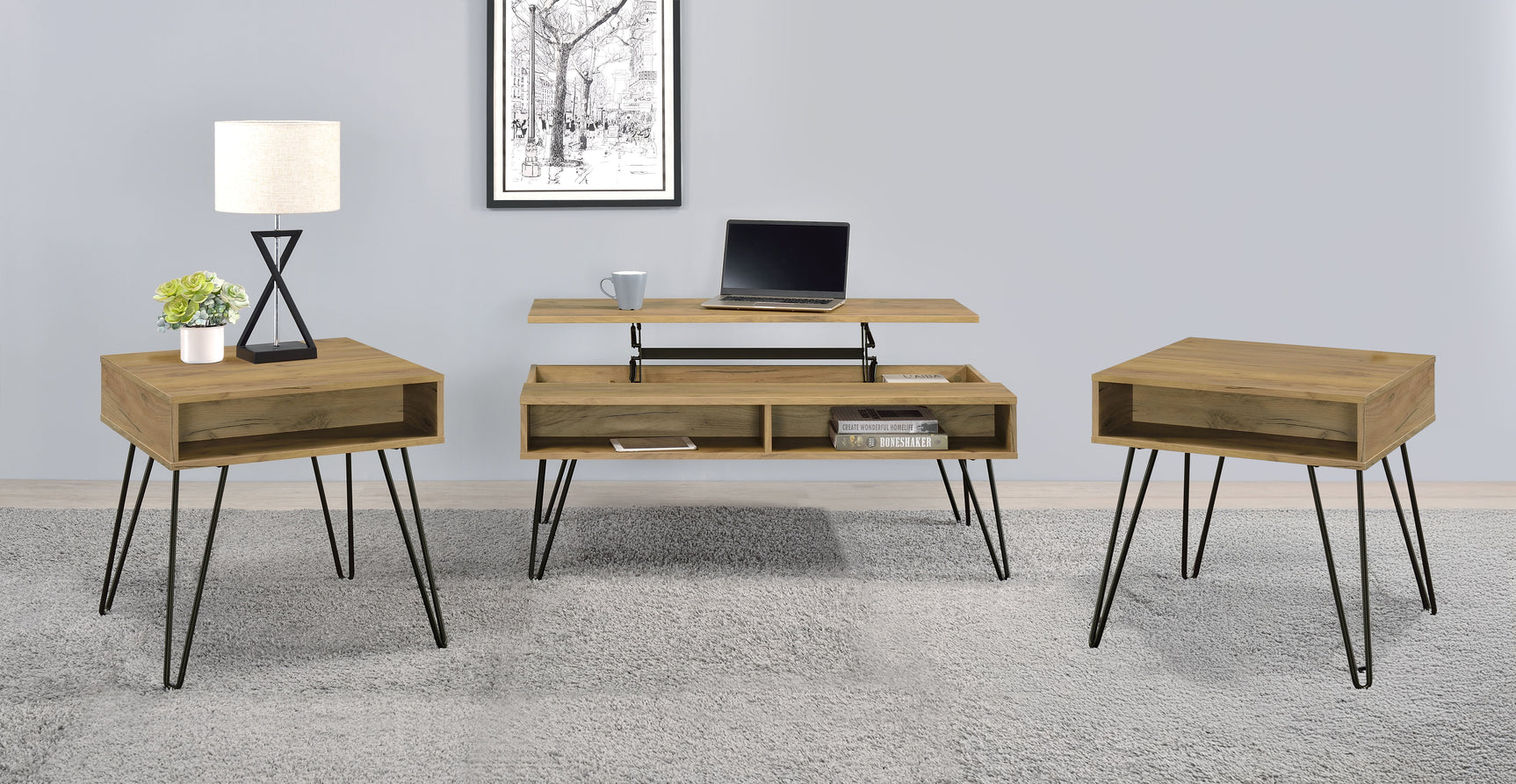 Tampa Furniture Outlet - Coaster - Fanning 3-piece Lift Top Coffee and End Table Set Golden Oak - 723368-S3