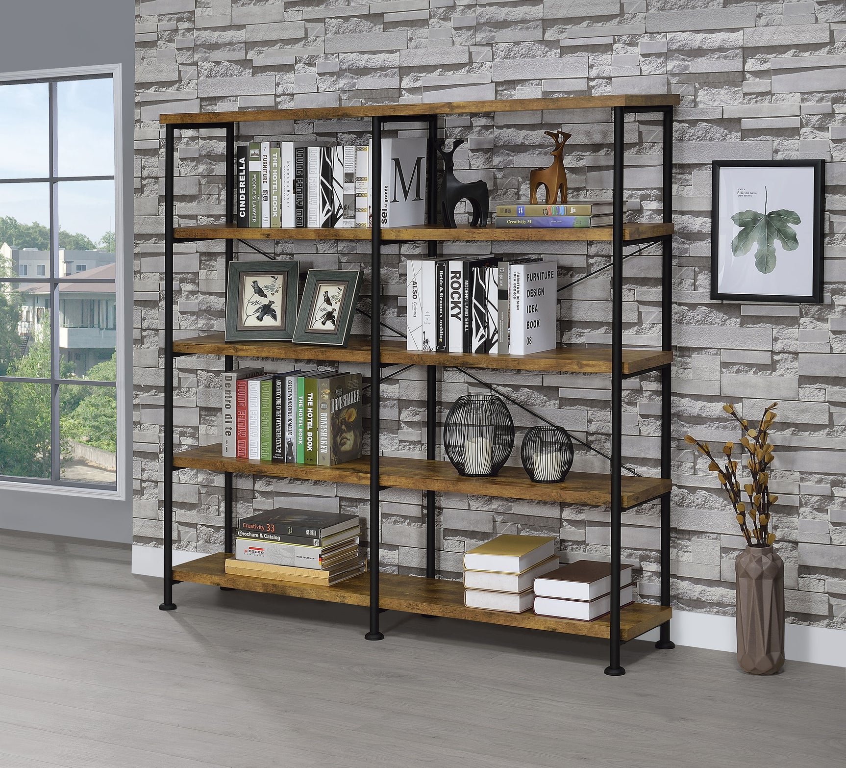 Analiese 63-inch 4-shelf Double Bookshelf Rustic Nutmeg