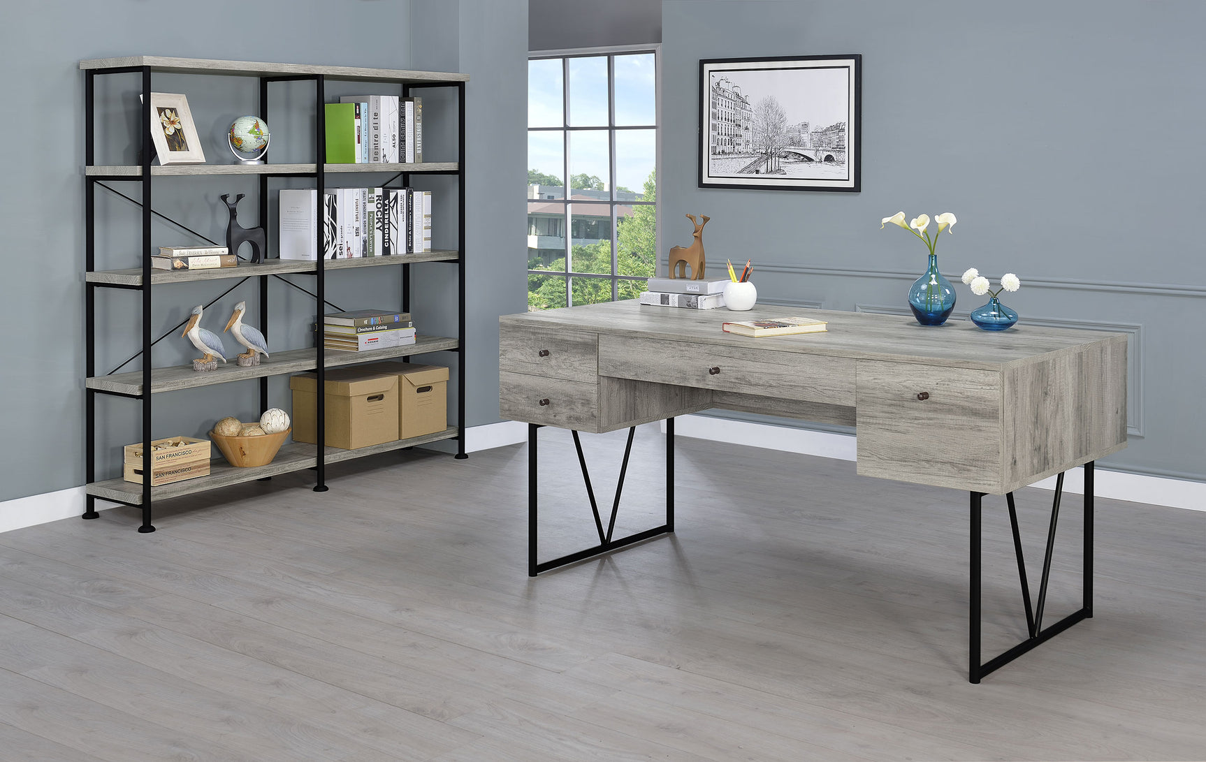 Analiese 63-inch 4-shelf Double Bookshelf Grey Driftwood