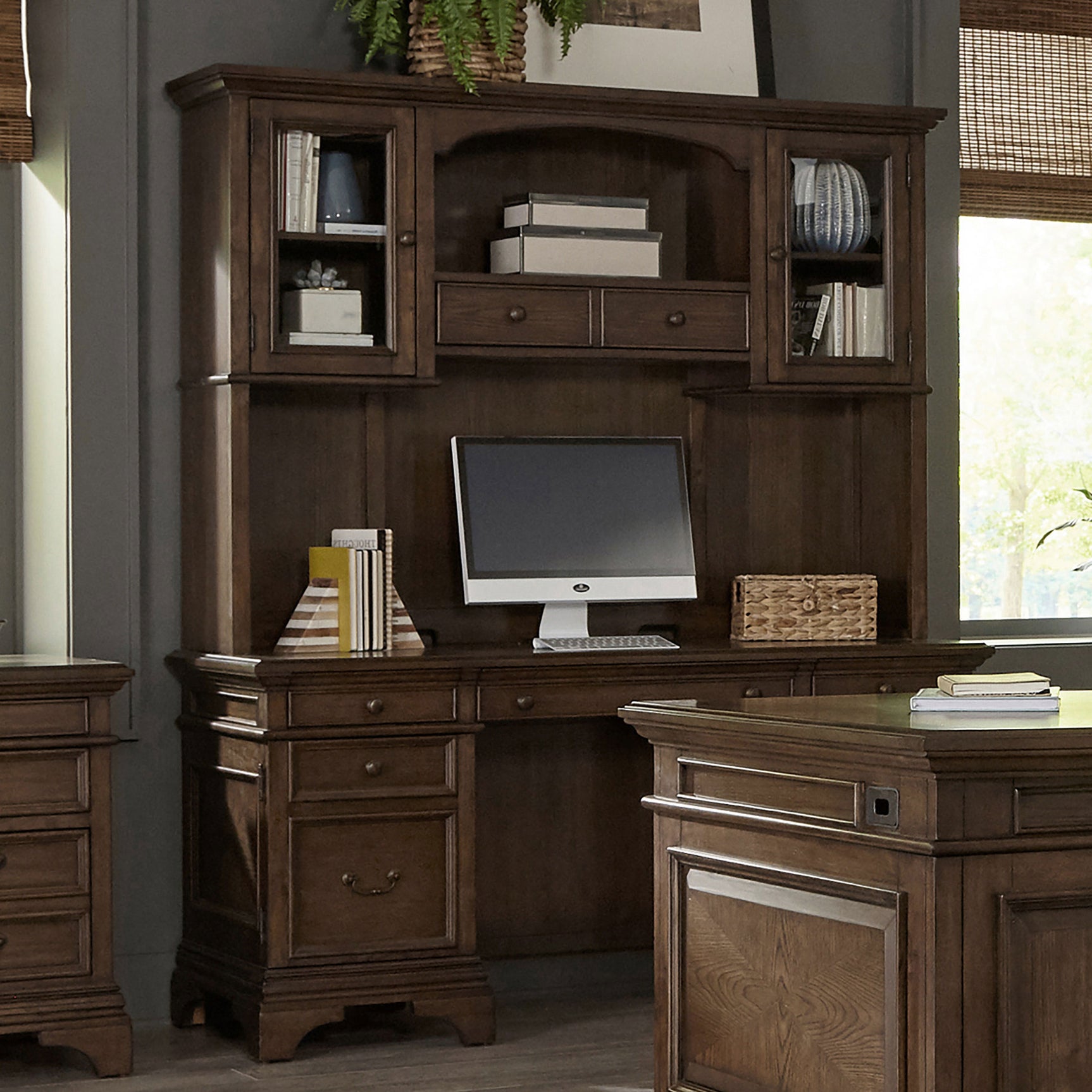 Hartshill 66-inch 5-drawer Credenza with Hutch Burnished Oak - Tampa Furniture Outlet