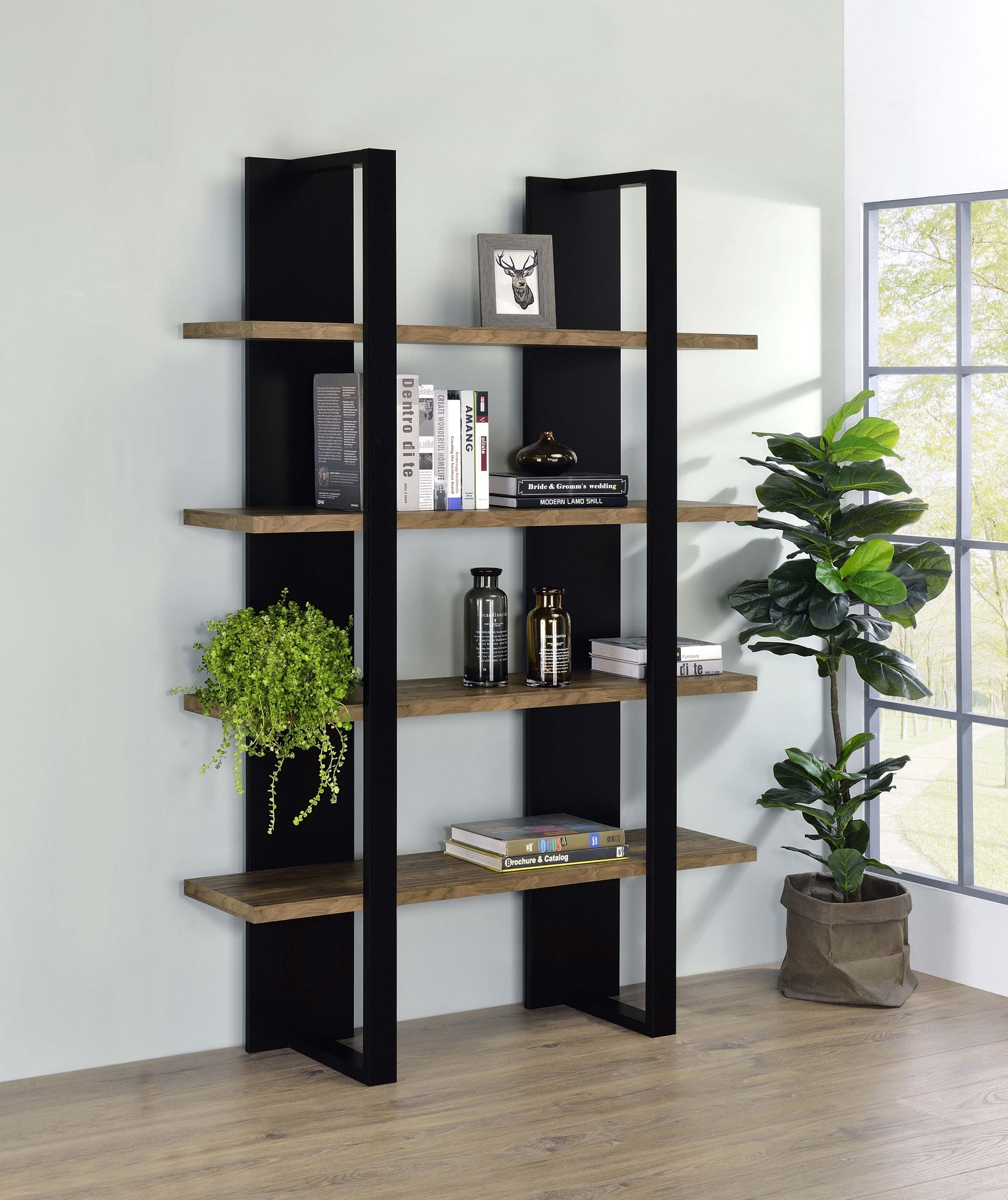 Danbrook 71-inch 4-shelf Bookshelf Black and Aged Walnut - Tampa Furniture Outlet