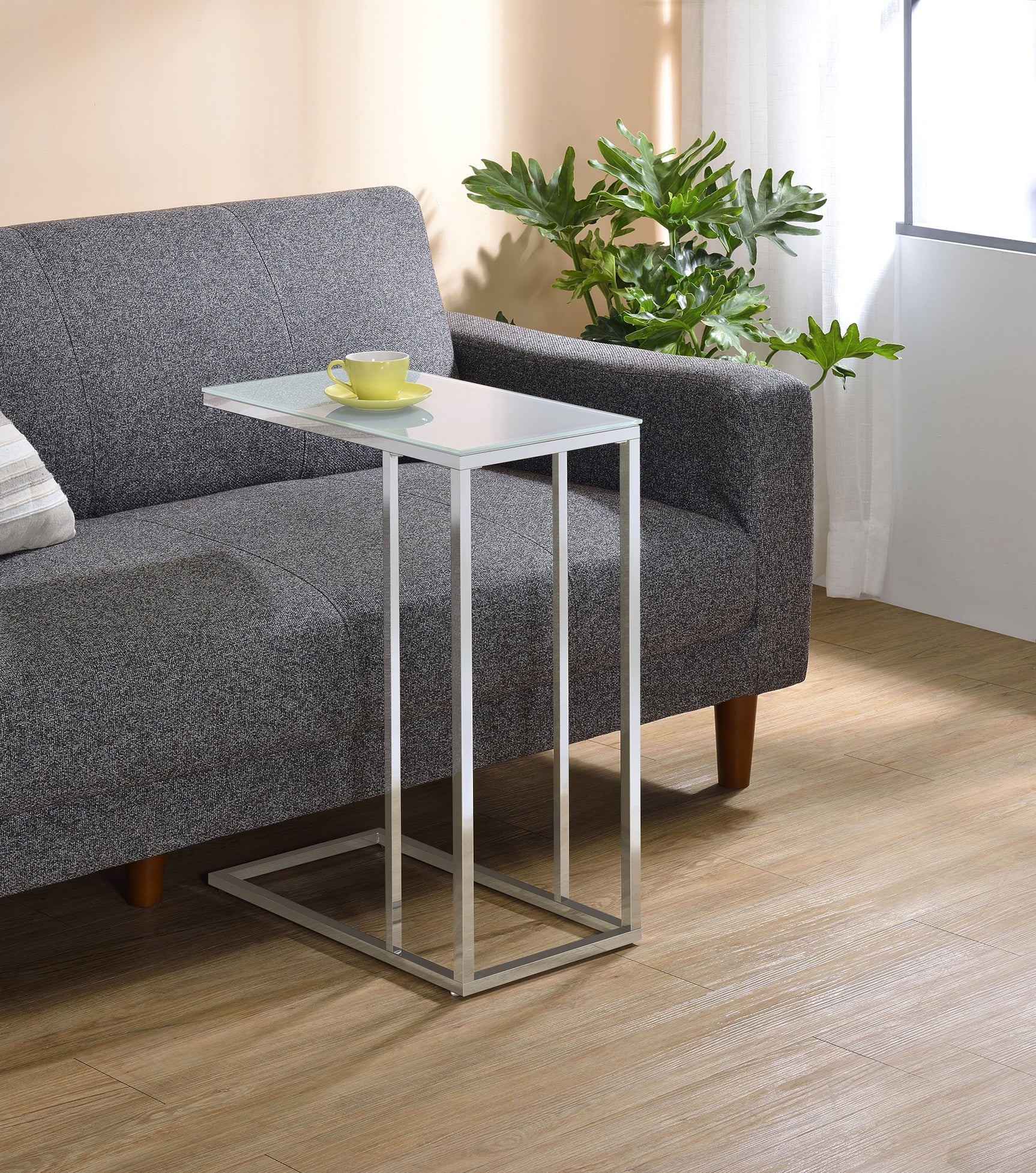 Stella White Glass Top C-Shaped Sofa Side Table Chrome